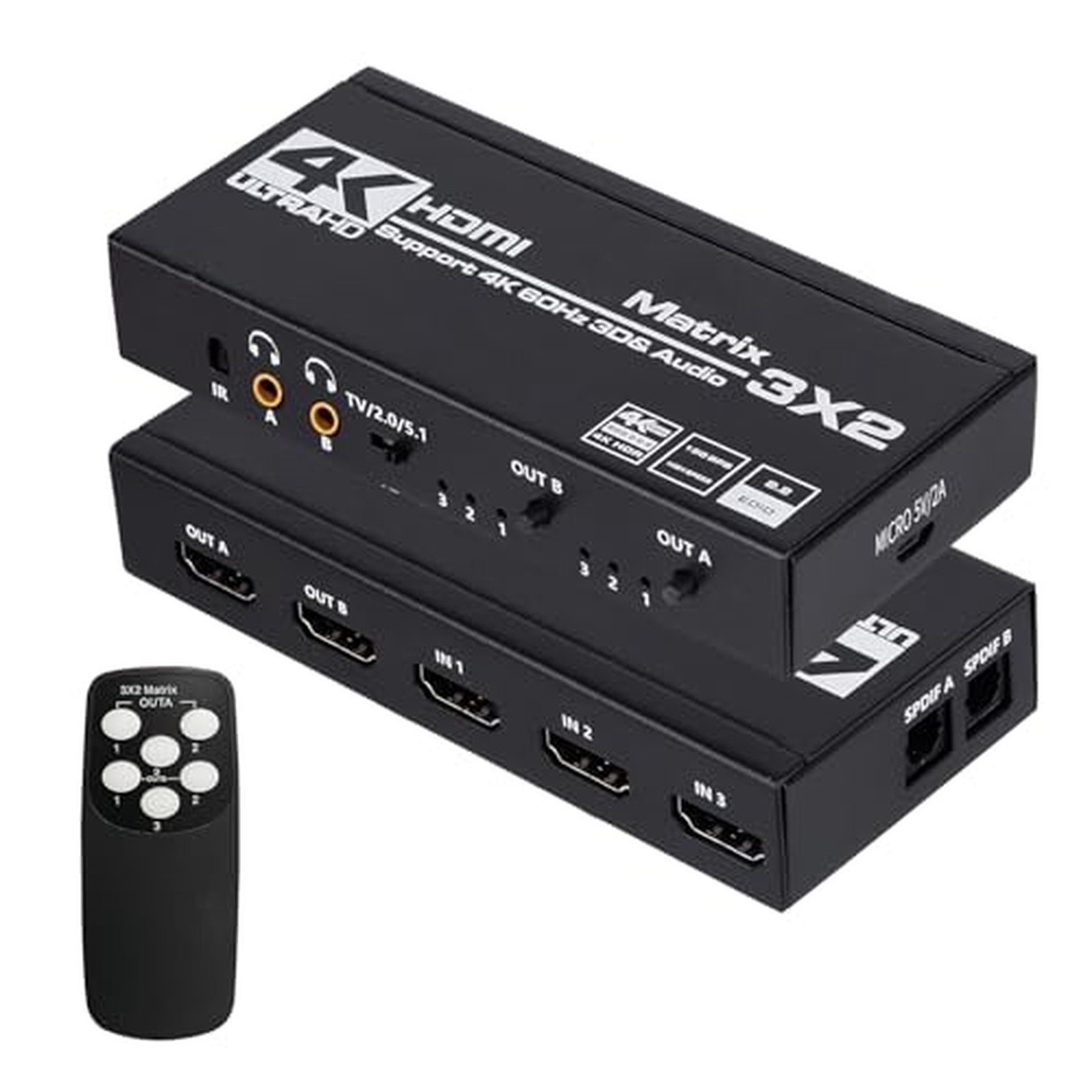 HDMI Matrix 3x2, 4K HDMI Matrix Switch 3 in 2 Out Switcher Splitter Box with ...