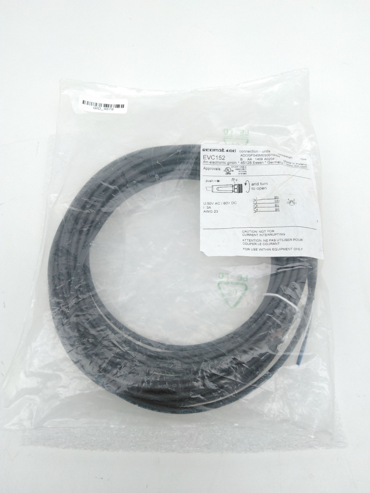 ifm EVC152 ADOGF040MSS0010H04 Female Cordset, M8, 4 Pin, Cut-end, 10m