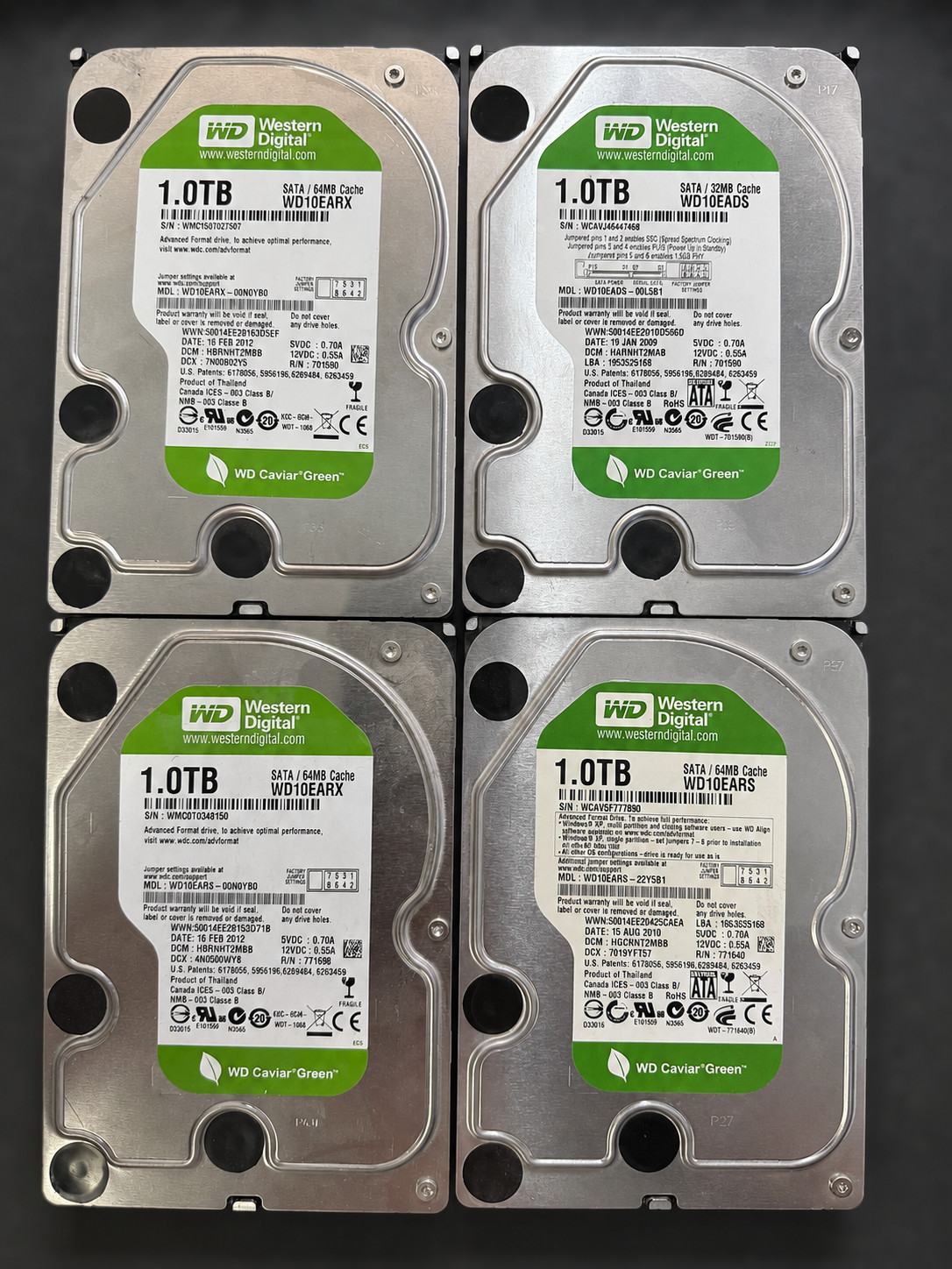 Lot of 4 WD Green 1TB 3.5” SATA HDD WD10EARX WD10EARS WD10EADS Tested Wiped
