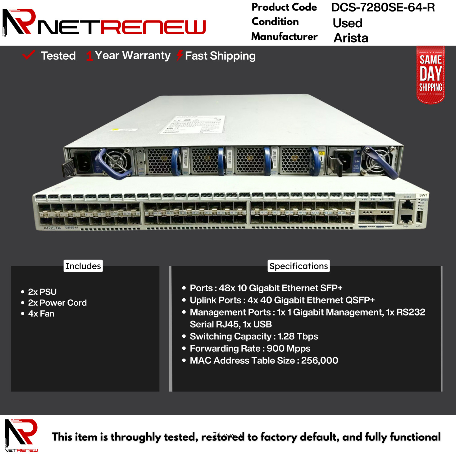 DCS-7280SE-64-R  Arista  Switch 48-Port 10G SFP+ 4-Port 40Gb QSFP