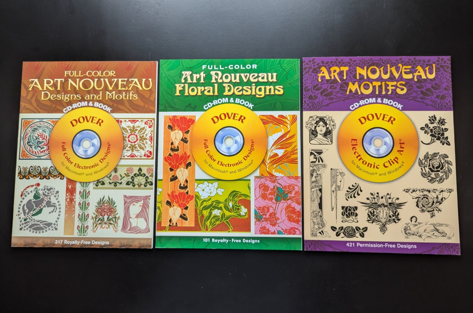 Full-Color Art Nouveau Floral, Designs & Motifs CD-ROM Book 3V Lot Dover