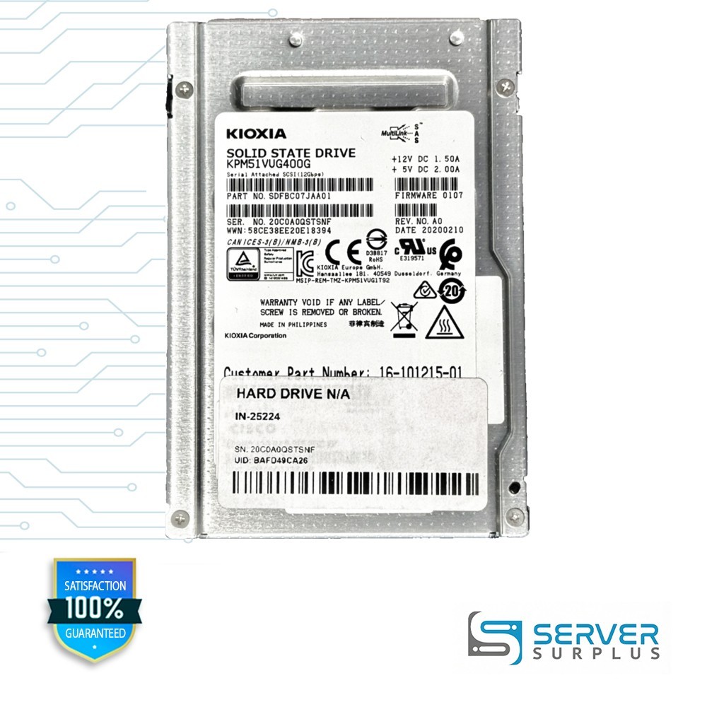 Kioxia 400gb SSD 2.5” SAS SSD KPM51VUG400G Cisco UCS-SD400G123X-EP w/Tray