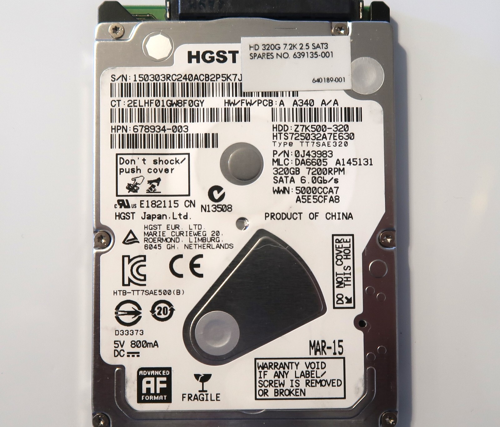 Hitachi HTS725032A7E630 0J43983 DA6605 China (150) 2.5" 320gb Sata HDD 2015