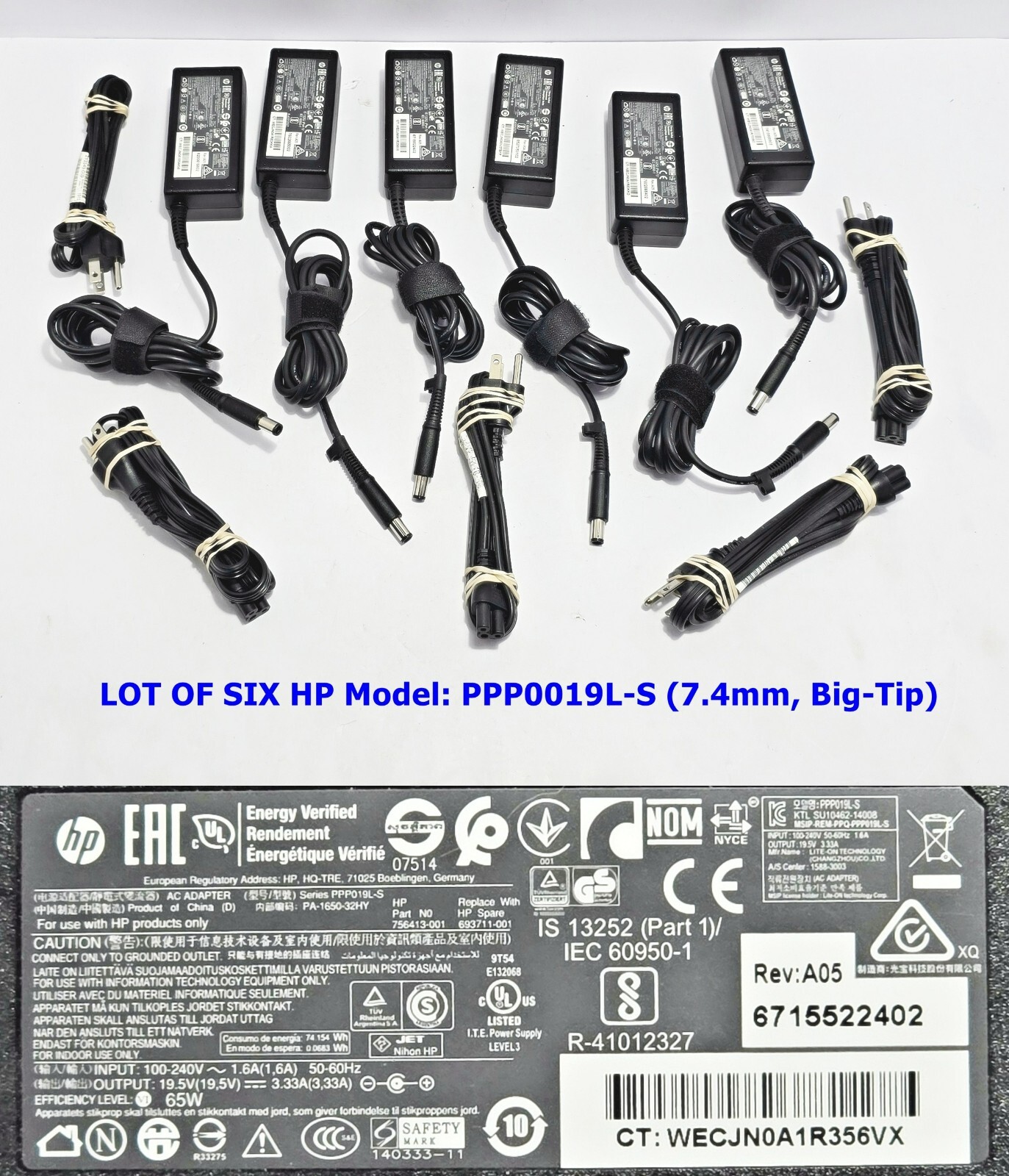 LOT 6 HP Genuine 65W 19.5V AC Adapter Charger PPP019L-S Power Supply - Big Tip