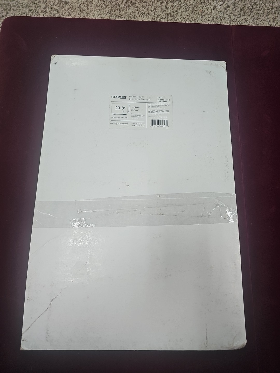 Staples Privacy Filter for 23.8" Monitor 11.7in X 20.8 In Open Box 51937