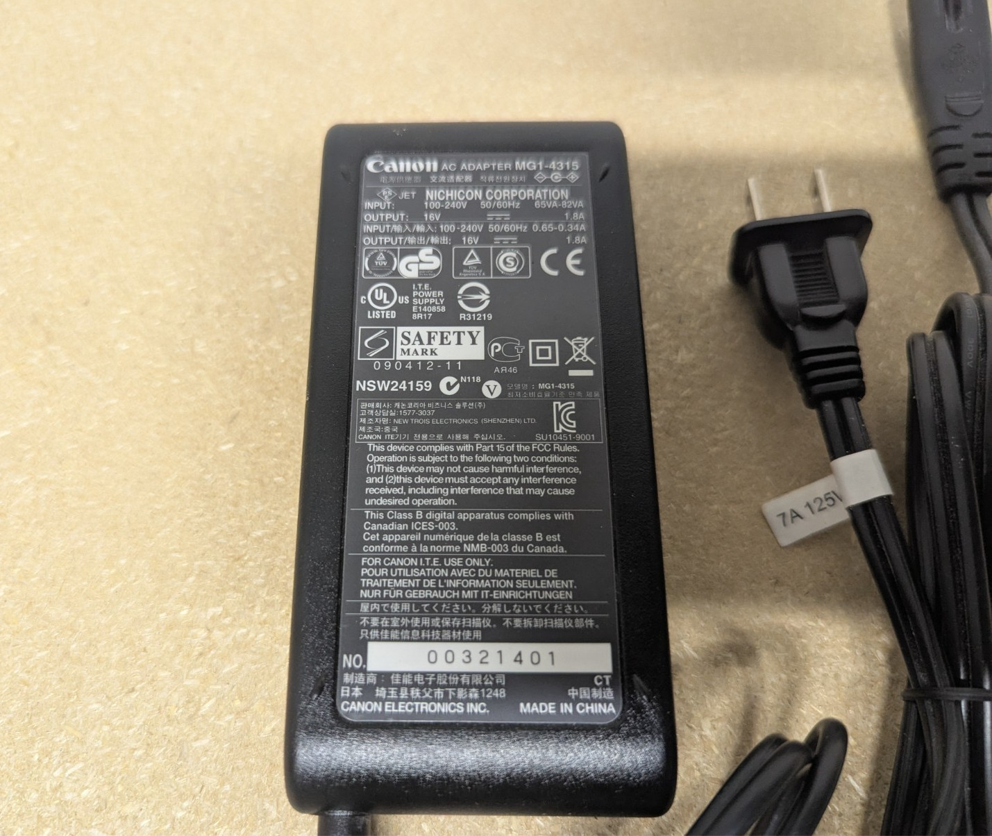 GENUINE CANON AC ADAPTER MG1-4315  16V  1.8A