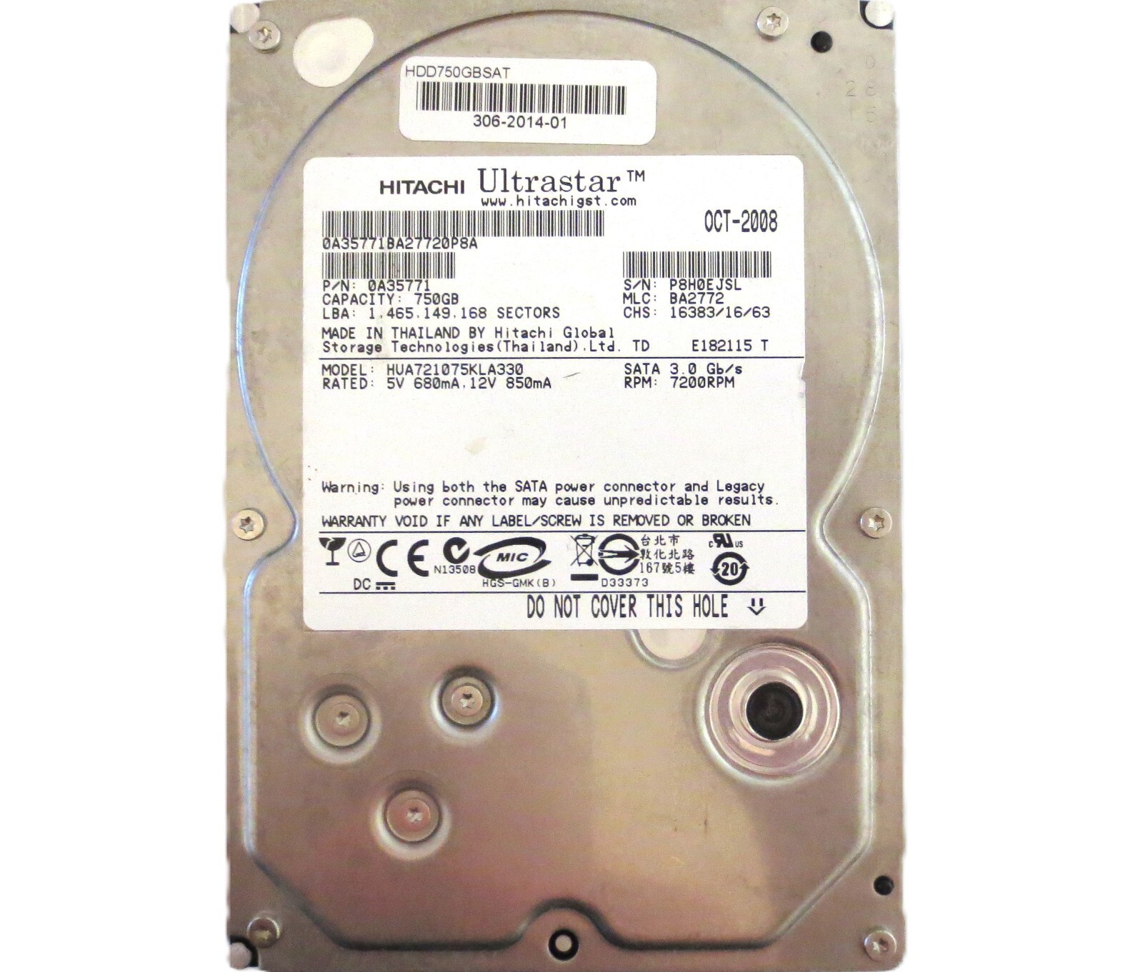 Hitachi HUA721075KLA330 0A35771 BA2772 (P8H) Thailand 750gb 3.5" Sata OCT-2008