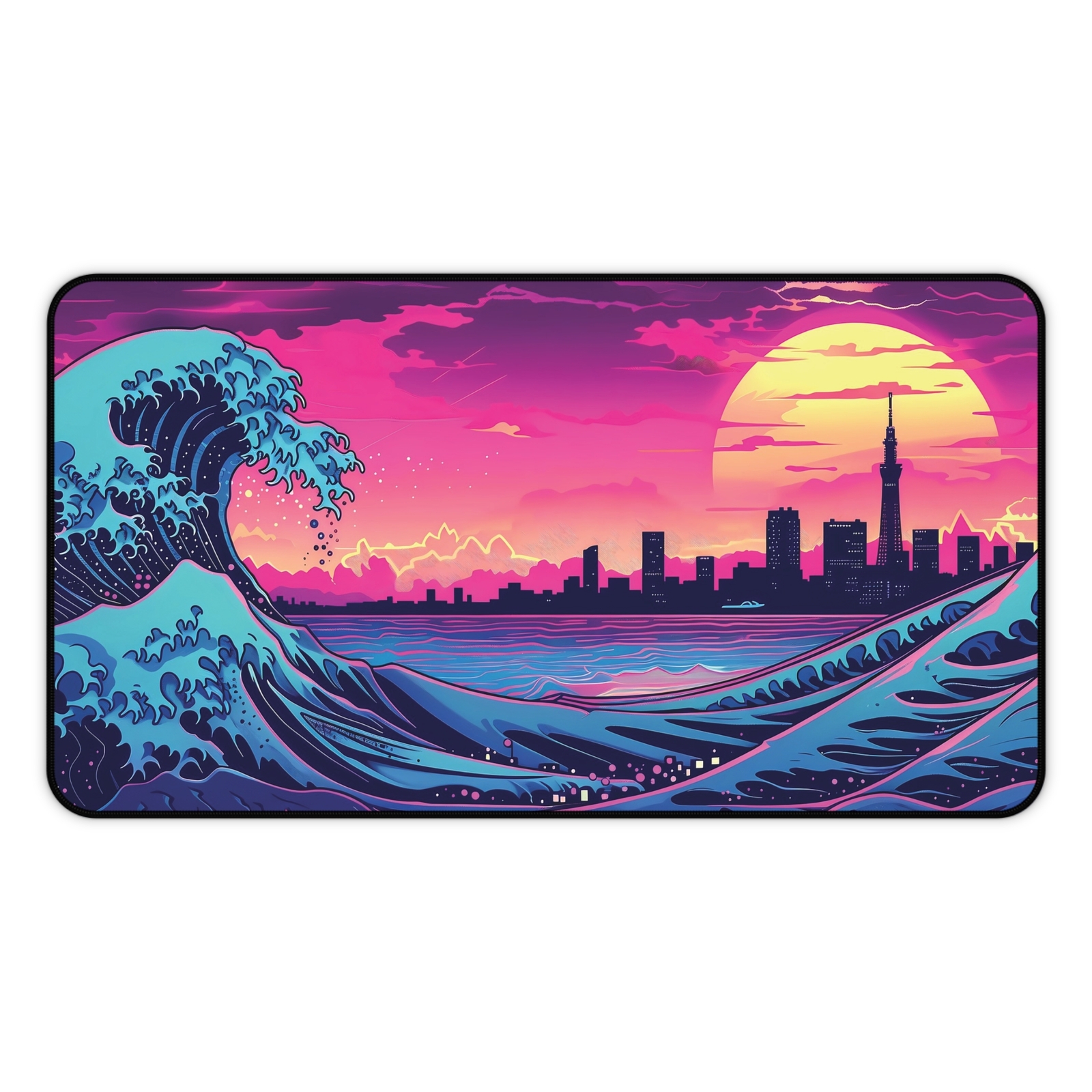 Vaporwave Great Wave Desk Mat, 80s Aesthetic Retro XL Mousepad, Hokusai Inspired
