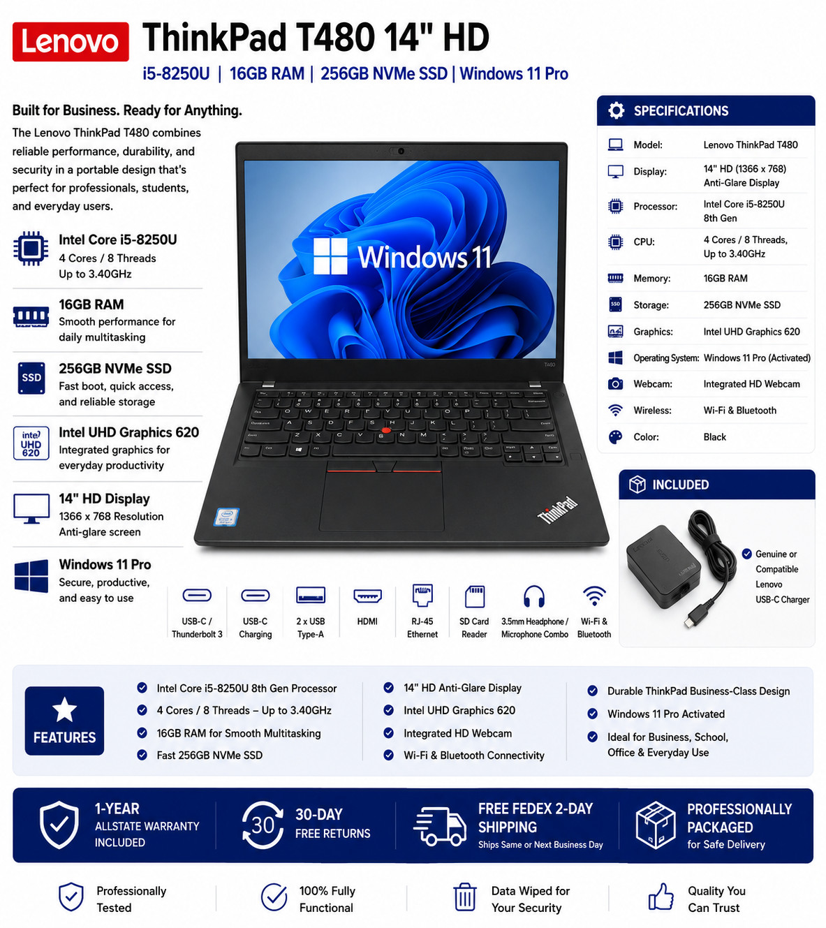 Lenovo ThinkPad T480 14" HD i5-8250U 16GB 256GB NVMe Win 11 Pro