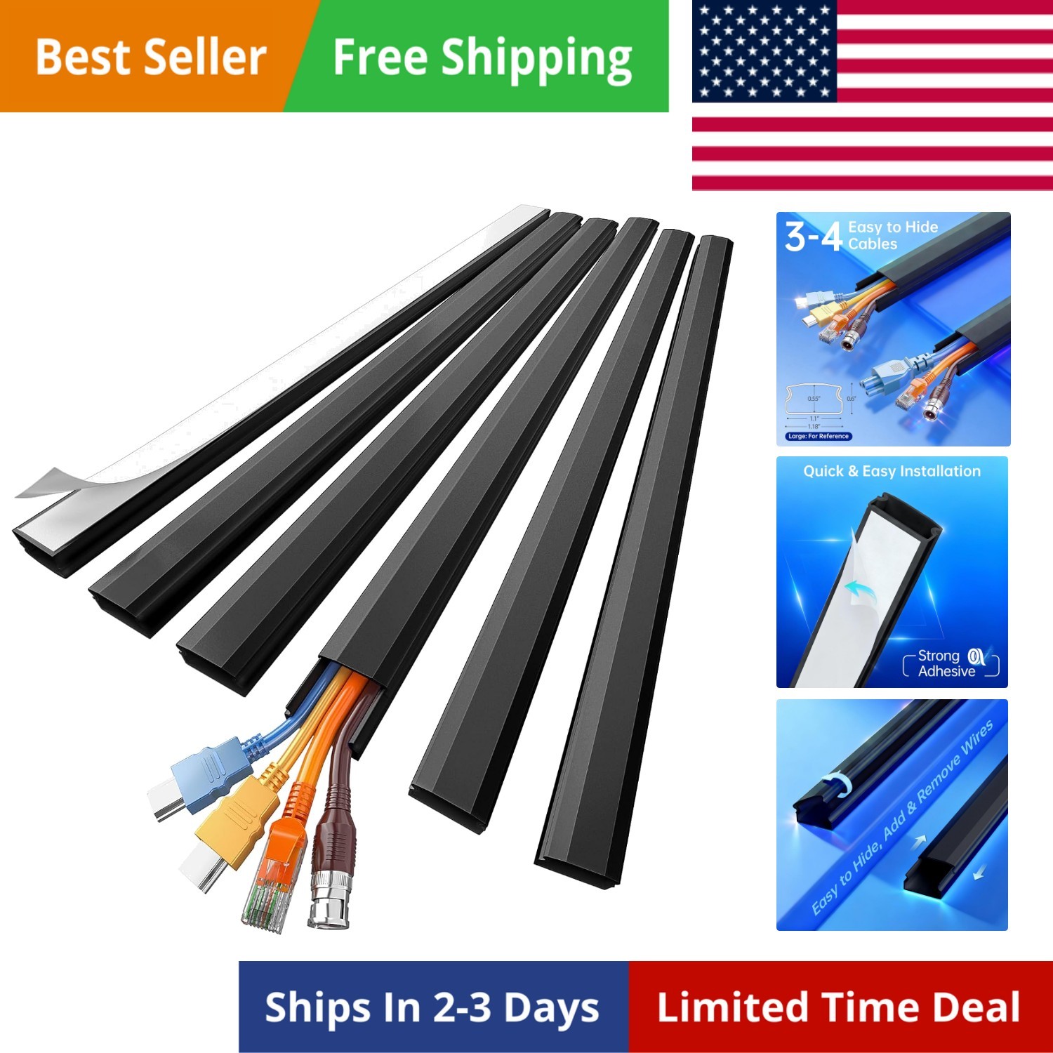 Black Cord Hider, 85in Cord Covers for 3-4 Wires on Wall, Large Cable Hider, ...