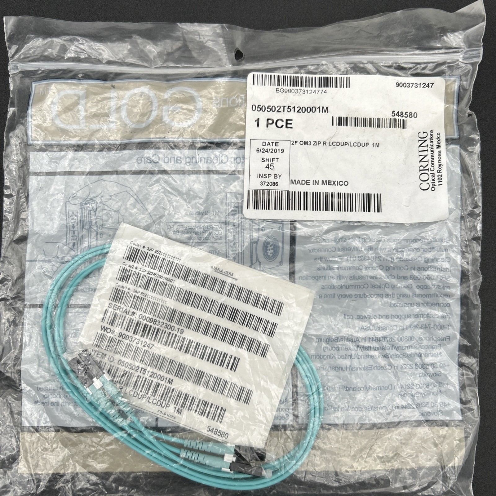 Corning - 050502T5120001M - Fiber Optic Jumper - 2F OM3 Zip R Cable 1M