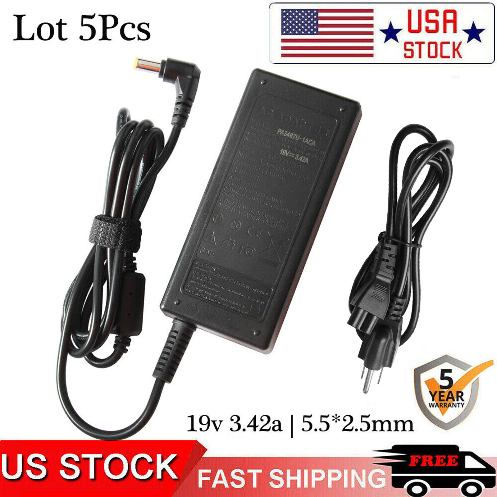 Lot 5Pcs AC Adapter Charger For Toshiba Laptop Power Supply 19V 3.42A 65W Fast