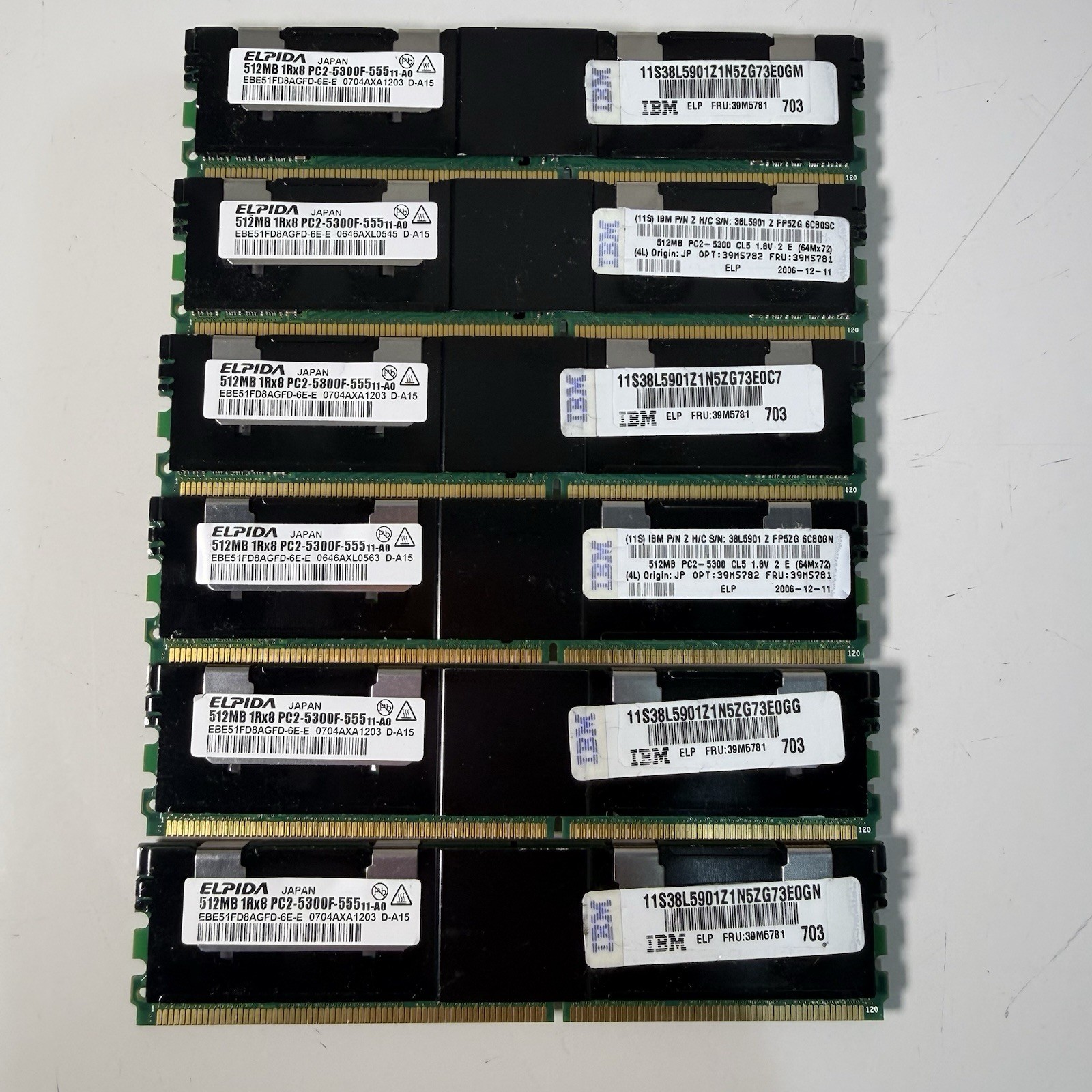 Elpida 512MB 1Rx8 PC2 5300F  lot of 6 memory