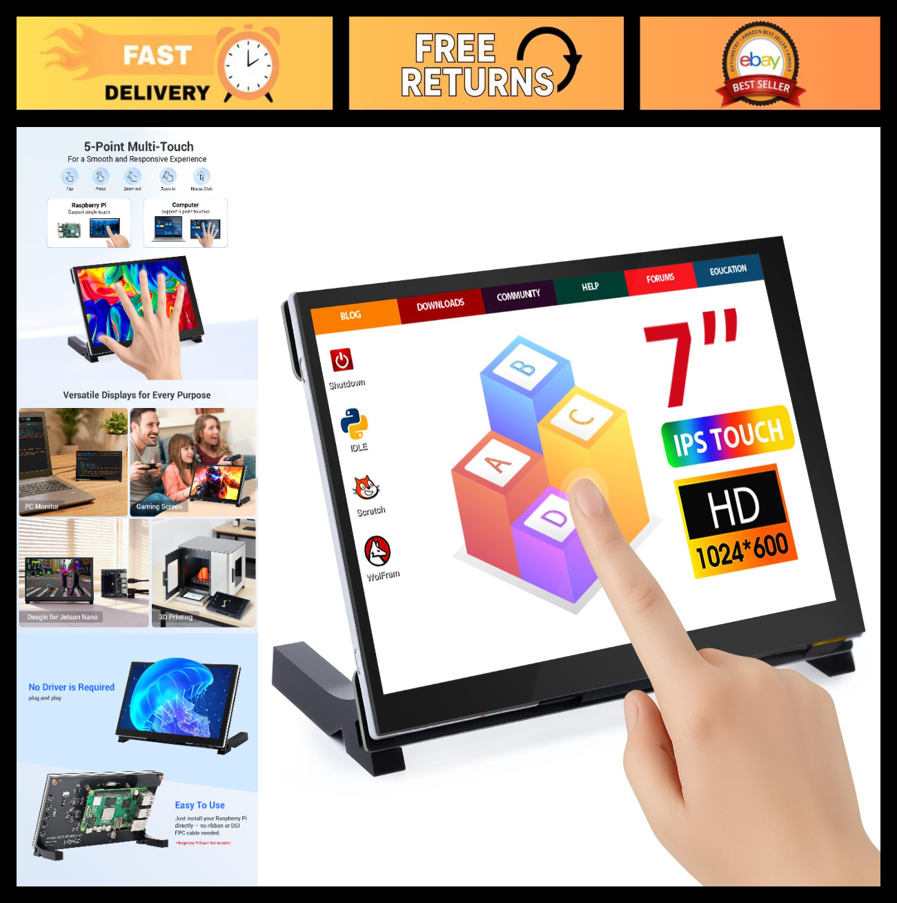 7" Touchscreen Monitor for Raspberry Pi, 1024x600 IPS Display, Plug & Play, Acry