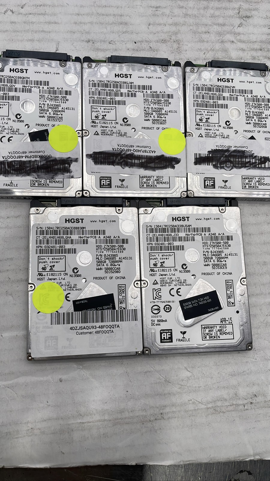 HGST Z7K500 500GB 7200RPM SATA III 2.5" HDD HTS725050A7E630 Lot Of 5
