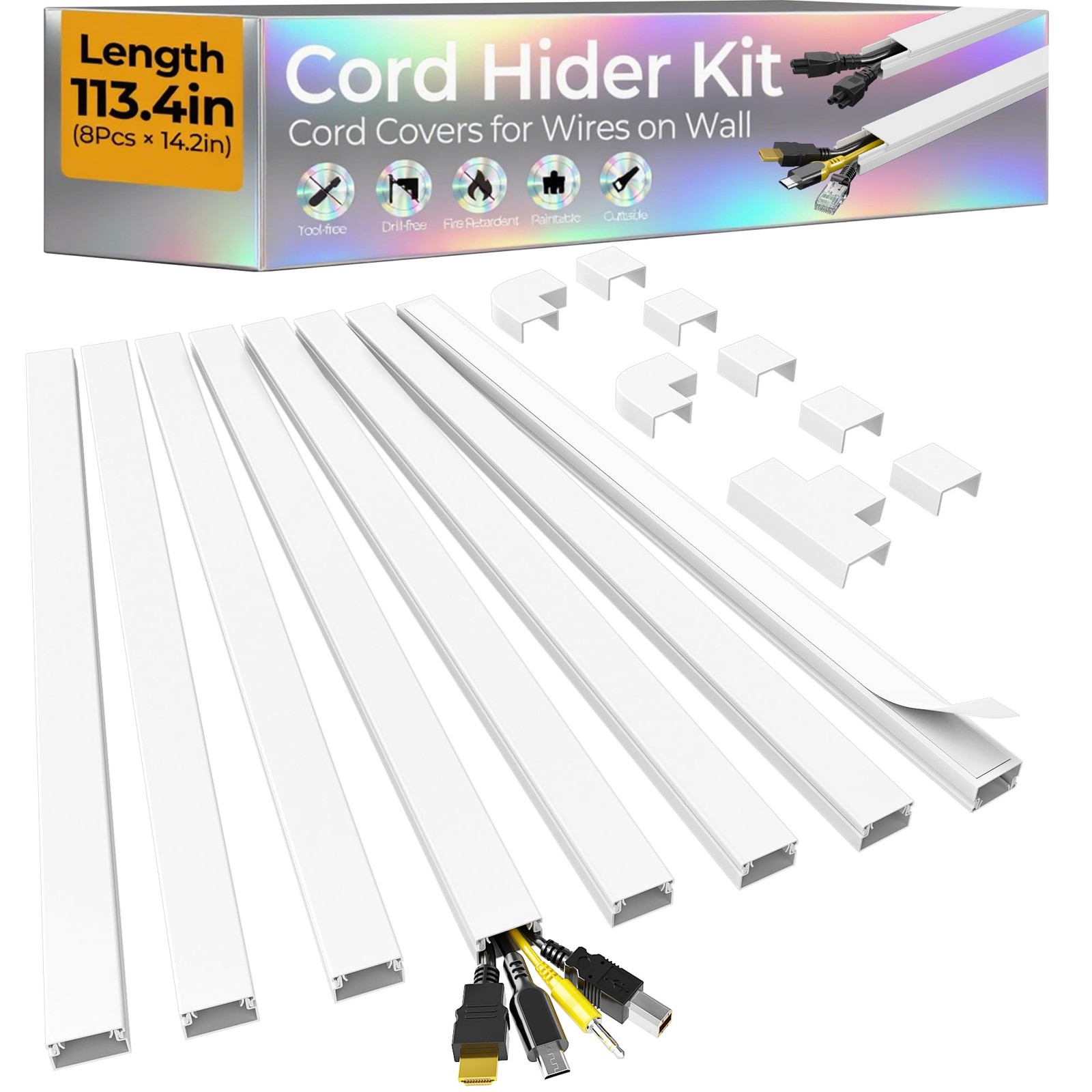 113.4in Cord Hider Kit Covers for 24 Wires Wall SelfAdhesive Paintable W0.95