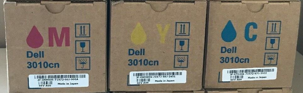 Set of 3 NEW Factory Sealed GENUINE DELL 3010cn - Cyan Magenta Yellow Toners
