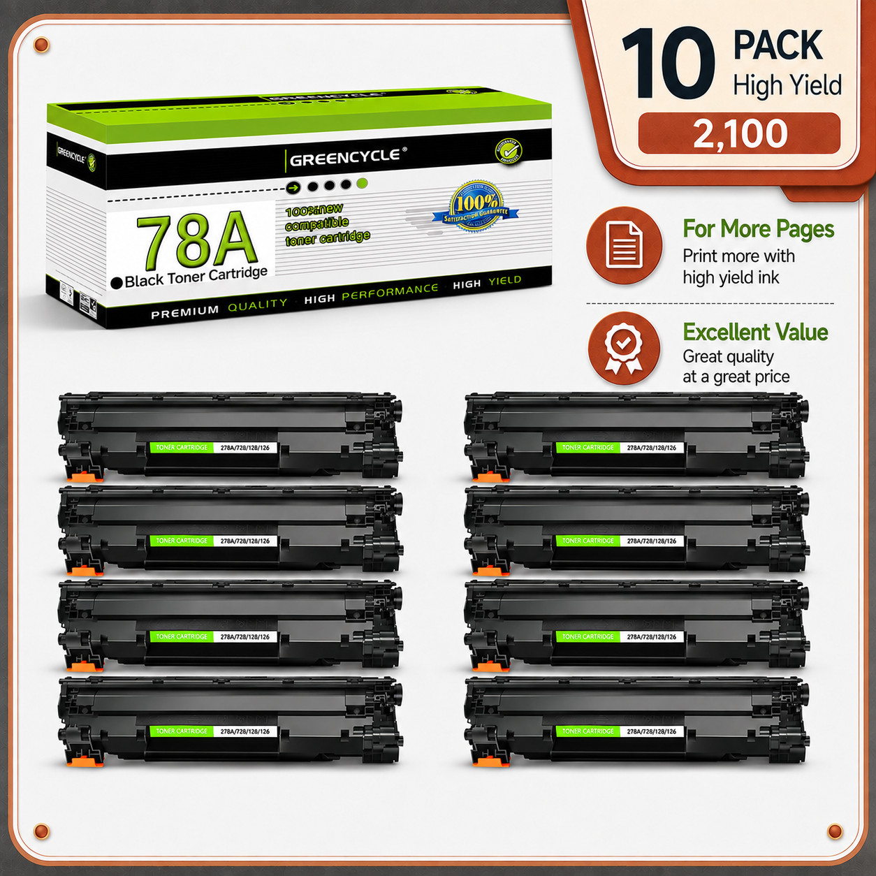 10 Pack 78A CE278A Laser Printer Toner for HP P1560 P1566 P1606dn M1536dnf Black