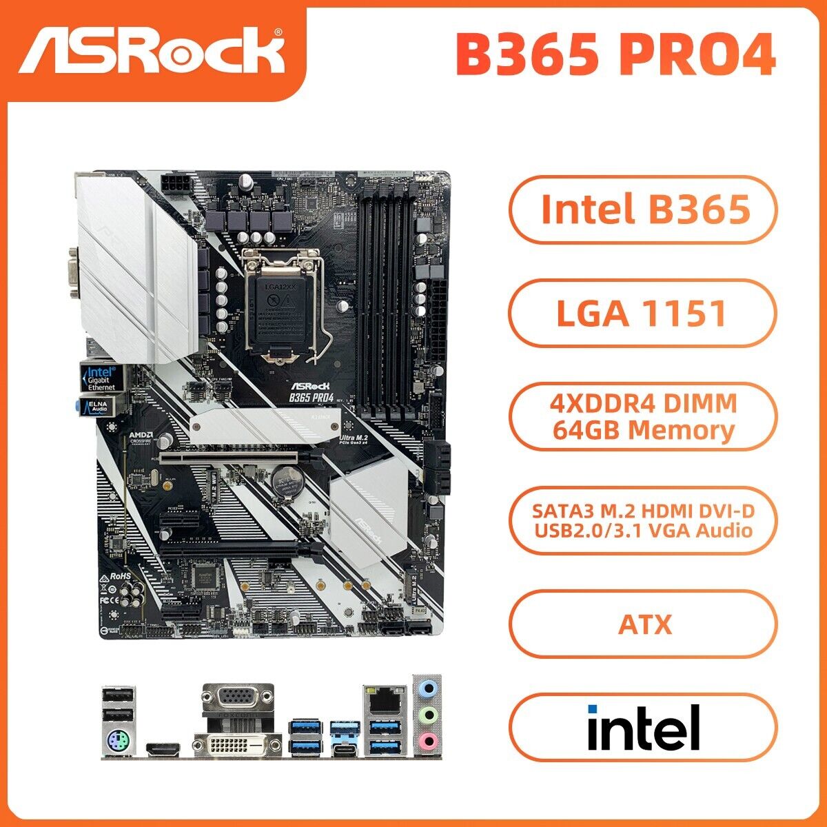 ASRock B365 PRO4 Motherboard ATX Intel B365 LGA1151 DDR4 SATA3 HDMI DVI-D VGA