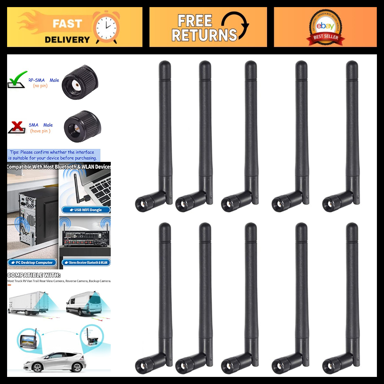Dual Band WiFi Antenna 2.4GHz 5GHz 3dBi MIMO RP-SMA Male (10-Pack) for Router IP