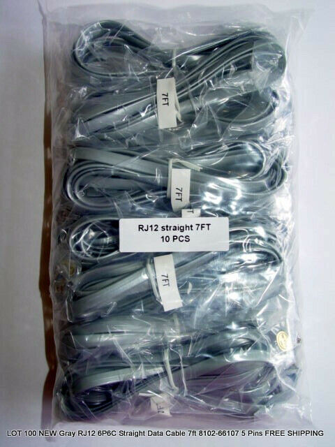 Lot of 20 New Gray RJ12 6P6C Straight Data Cables 7ft 8102-66107 
