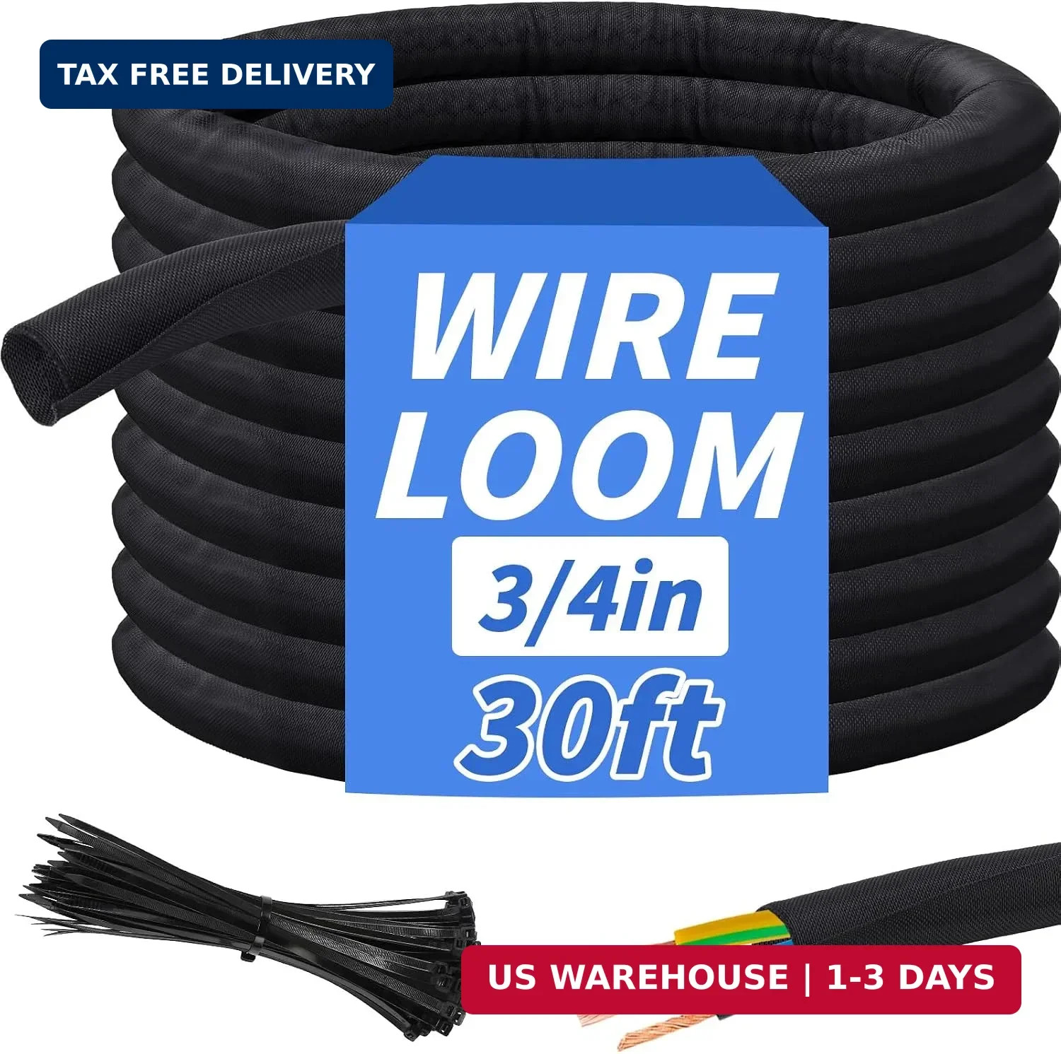 30ft - 3/4in Split Braided Sleeve Cable Management, Self-Wrapping