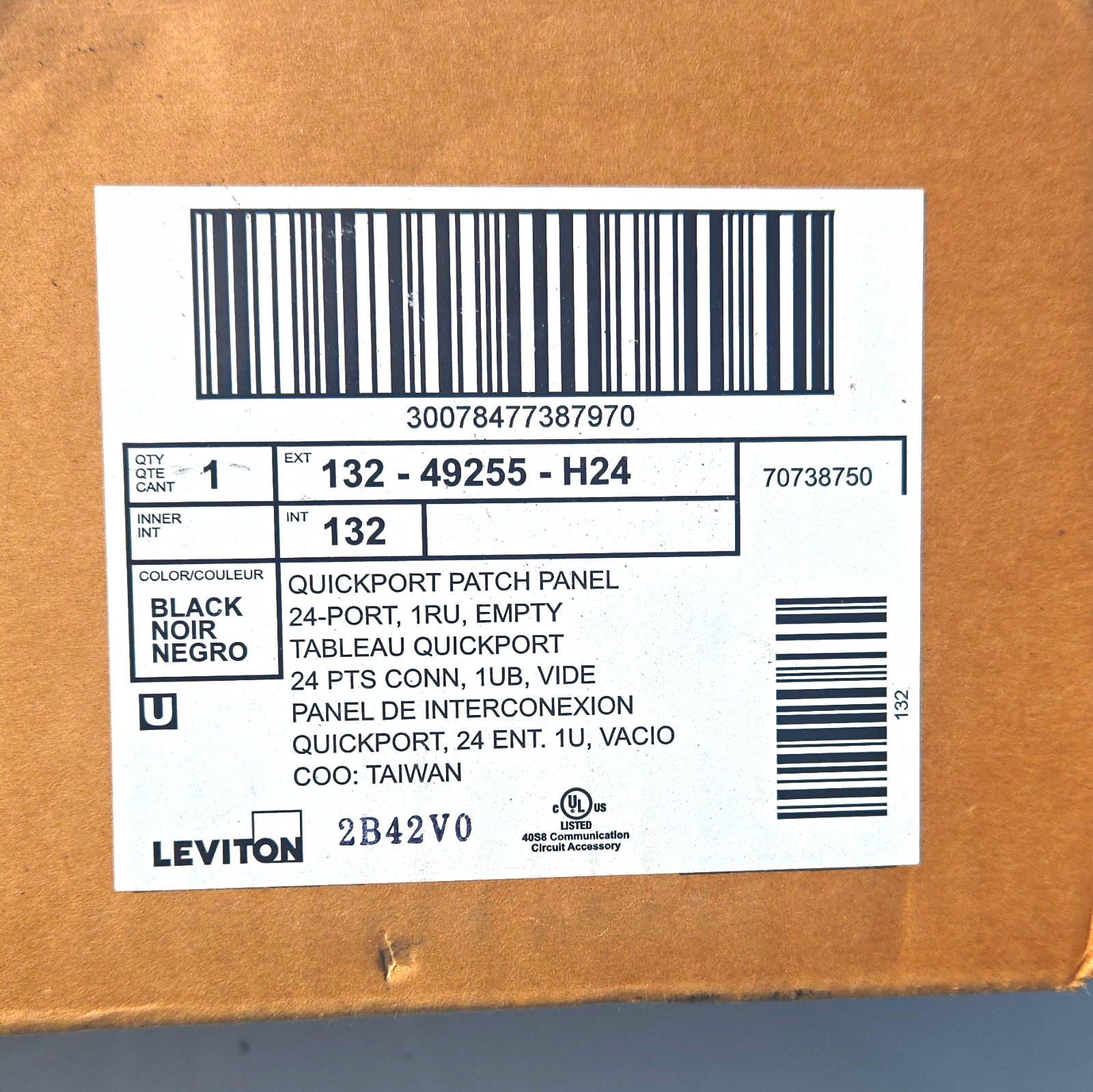 Leviton QuickPort 24-Port 1U 19in Rackmount Patch Panel Empty Black 49255-H24