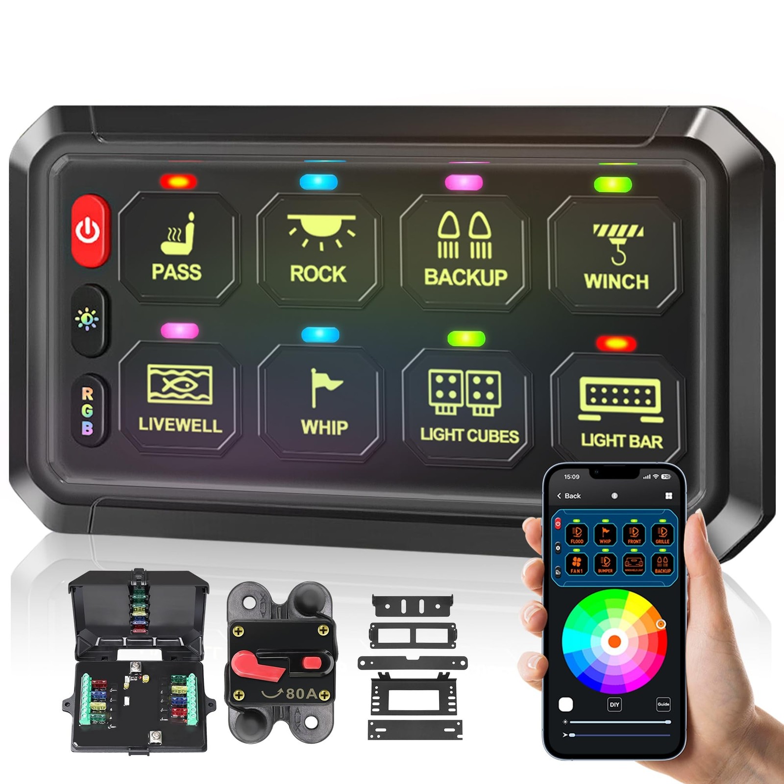 RGB 8 Gang Switch Panel,12-24V Bluetooth APP 230FT 433MHZ Long Range, Auxilia...