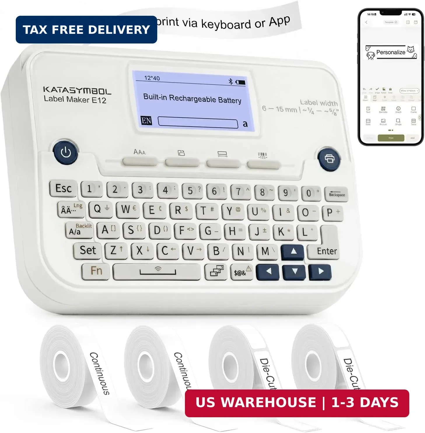 SUPVAN E12 Keyboard & Bluetooth Label Maker Machine with 4 Tapes