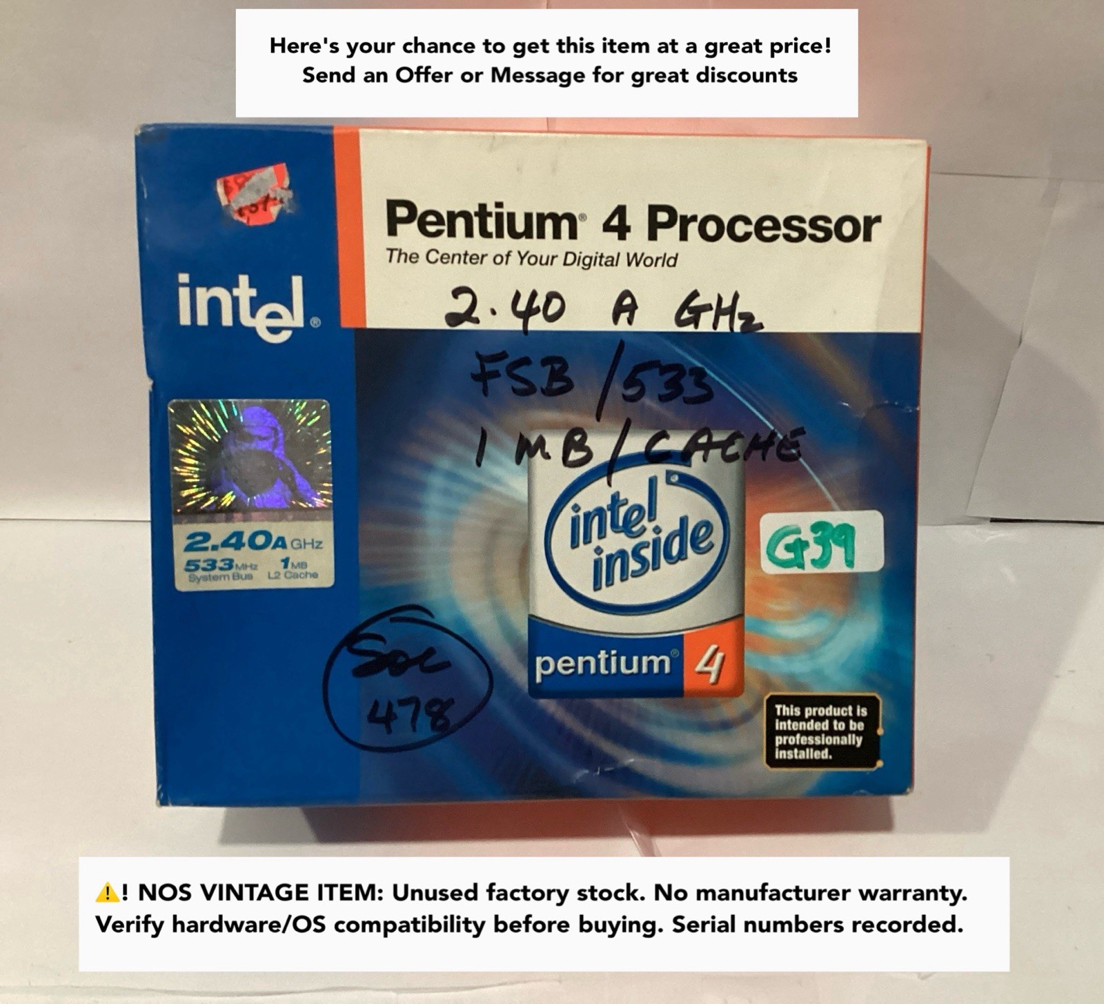 Intel Pentium 4 2.4A GHz Socket 478 CPU 1MB 533 FSB SL88F Vintage NOS Sealed Box