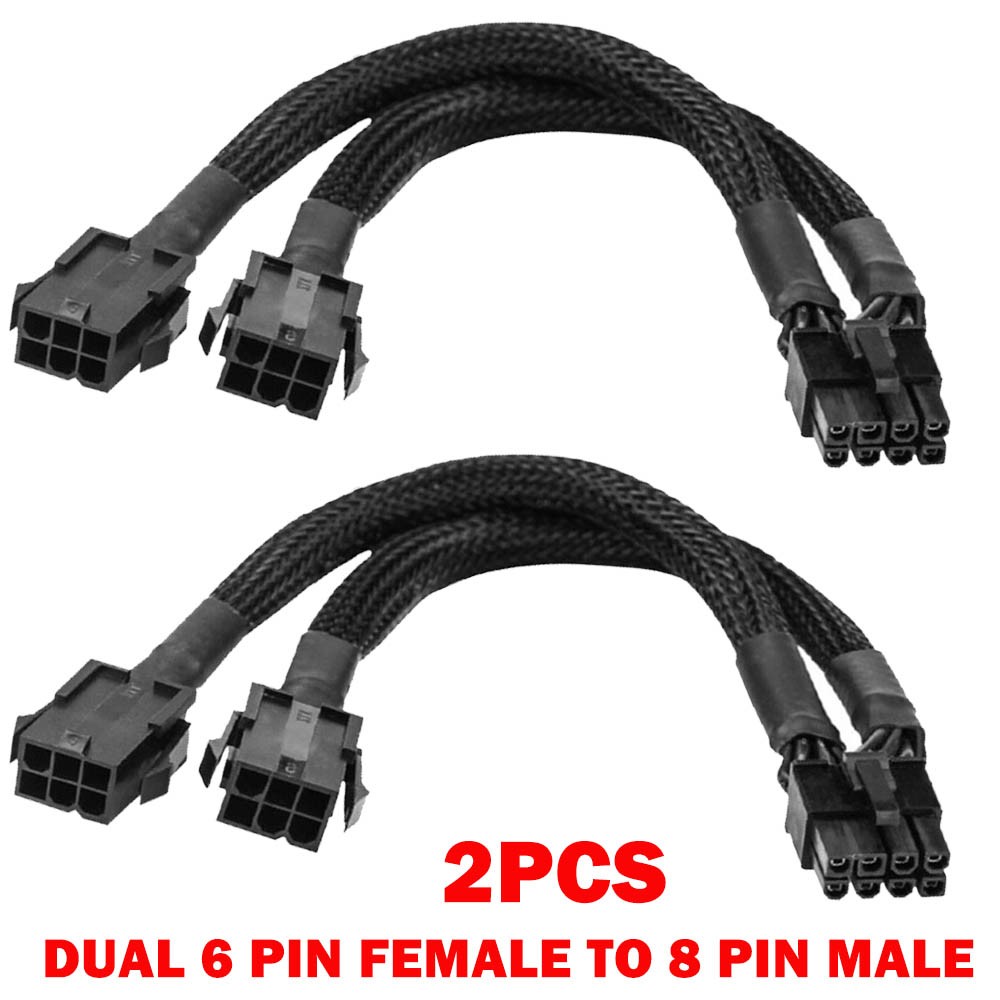 2X Dual 6 Pin Female to 8 Pin Male GPU Adapter Cable Braided Sleeved 20cm US