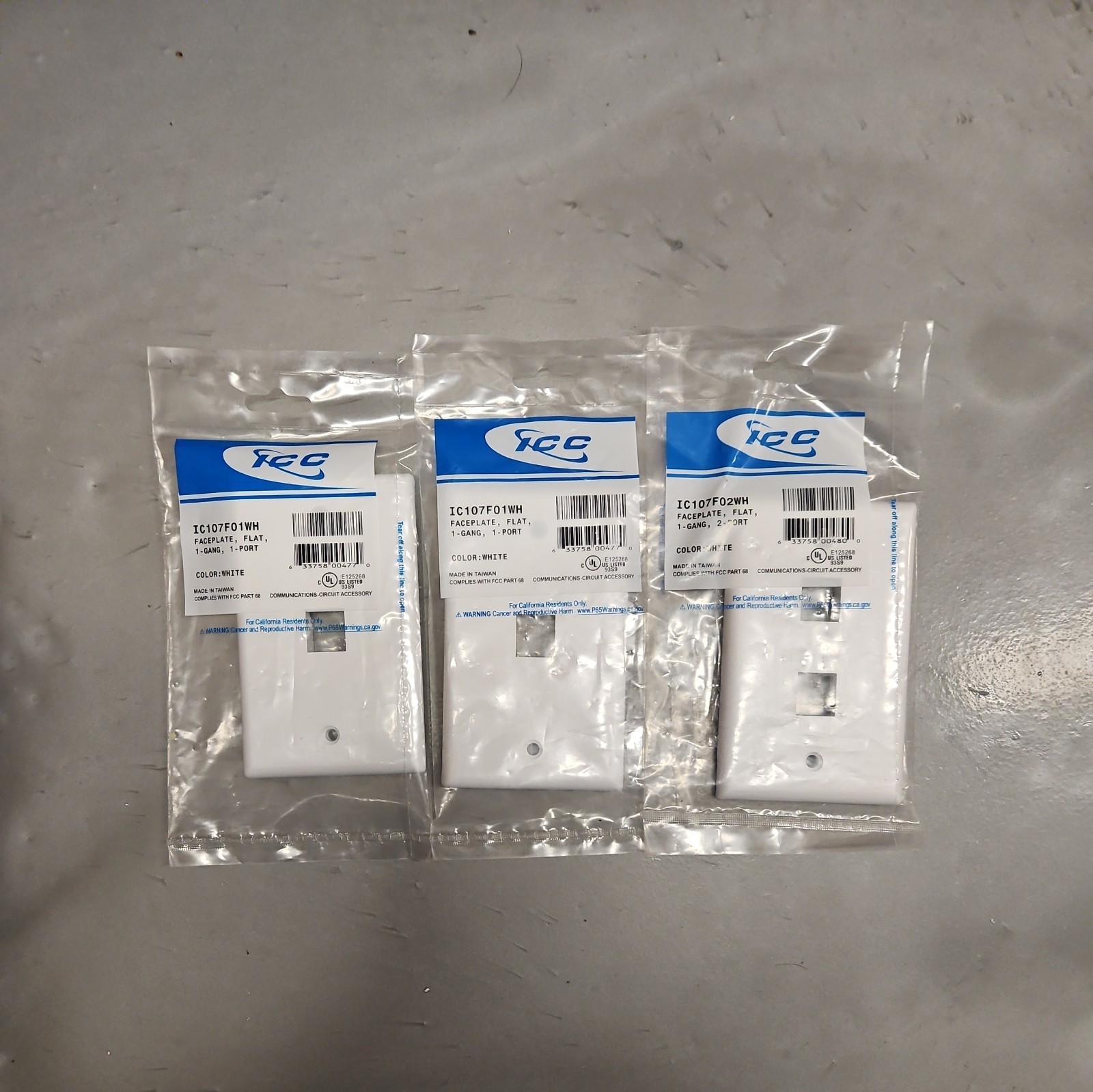 3 Pack ICC White IC107F02WH Face Plate 2 Port Cover Plate 1 Gang
