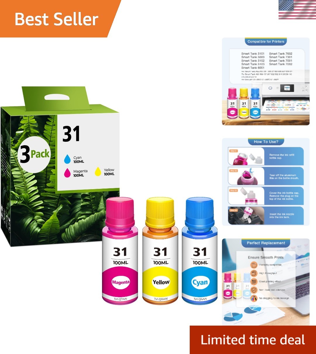 Convenient 31 Ink Bottles Set - Cyan, Magenta & Yellow for Smart-Tank Inkjet