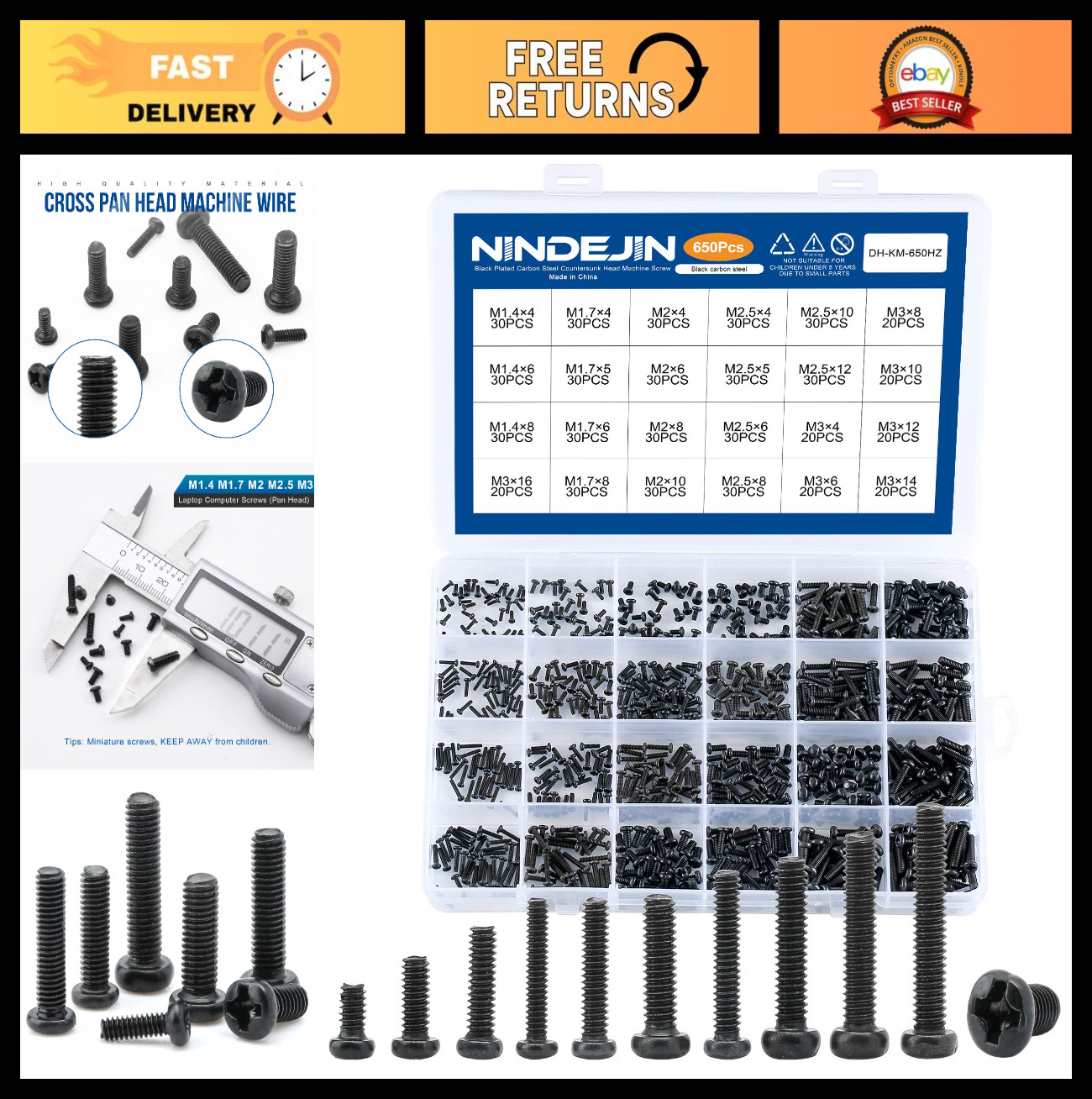 650pcs Mini Screw Kit M1.4 M1.7 M2 M2.5 M3 Round Pan Head - Carbon Steel for Lap