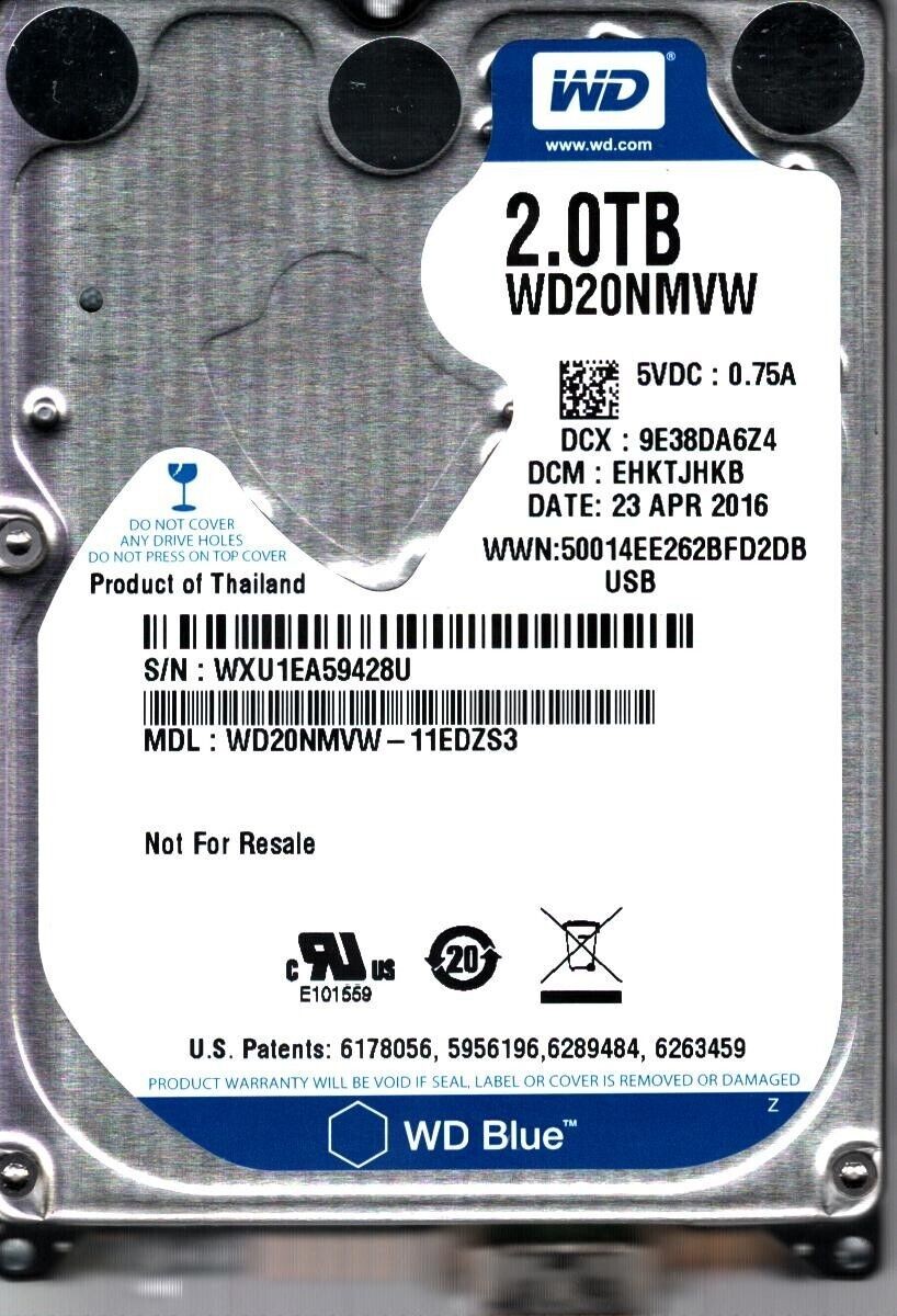 WD20NMVW-11EDZS3 S/N: WXU1E DCM: EHKTJHKB WESTERN DIGITAL 2TB THAILAND APR 2016