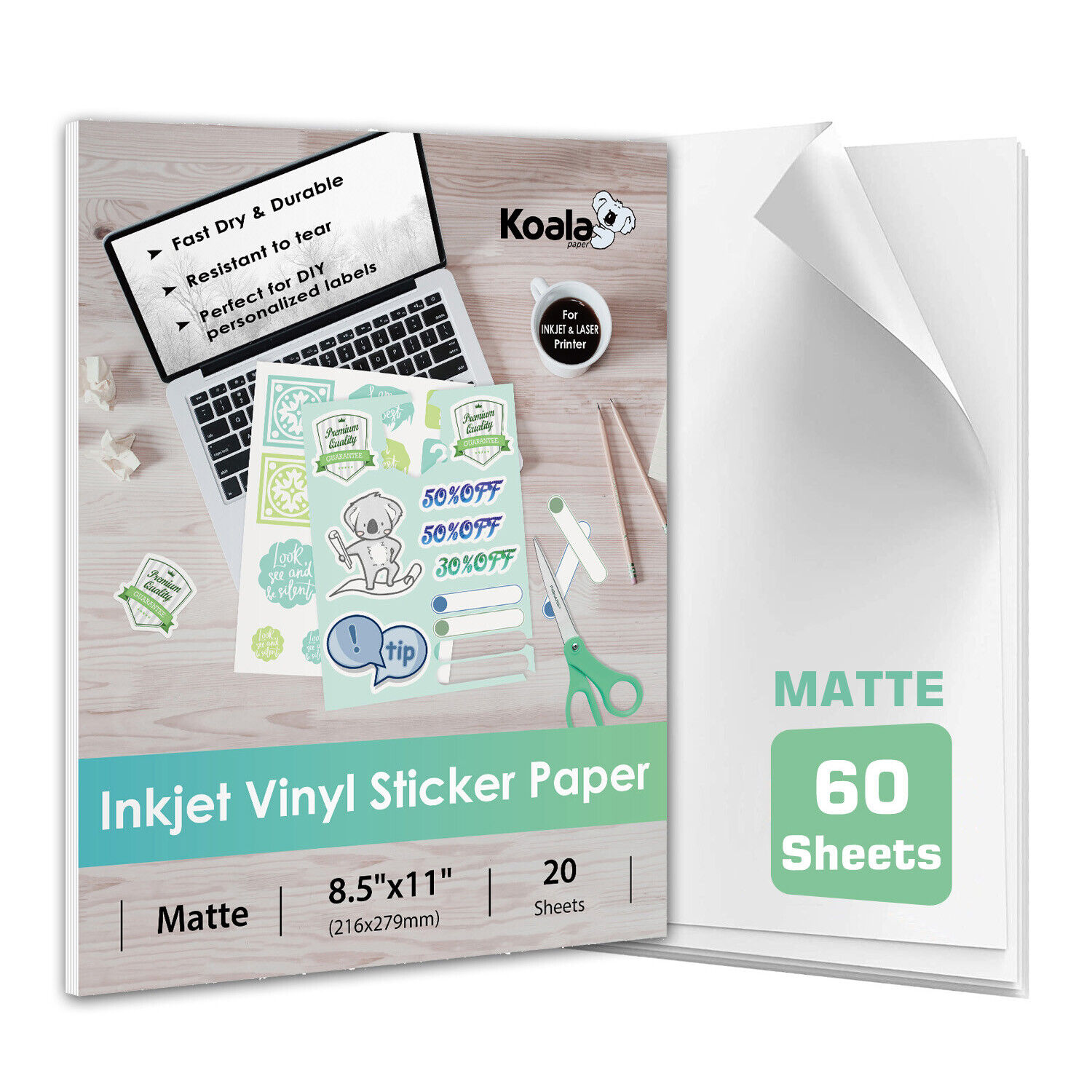 60 Koala Printable Vinyl Sticker Paper Waterproof Matte White Inkjet + Laser 8.5
