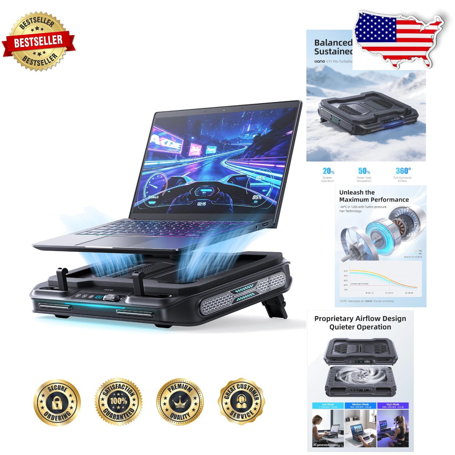 V11 Pro Laptop Cooler: 4.7" Turbofan, RGB Lights, USB Hub, 12W Power Adapter
