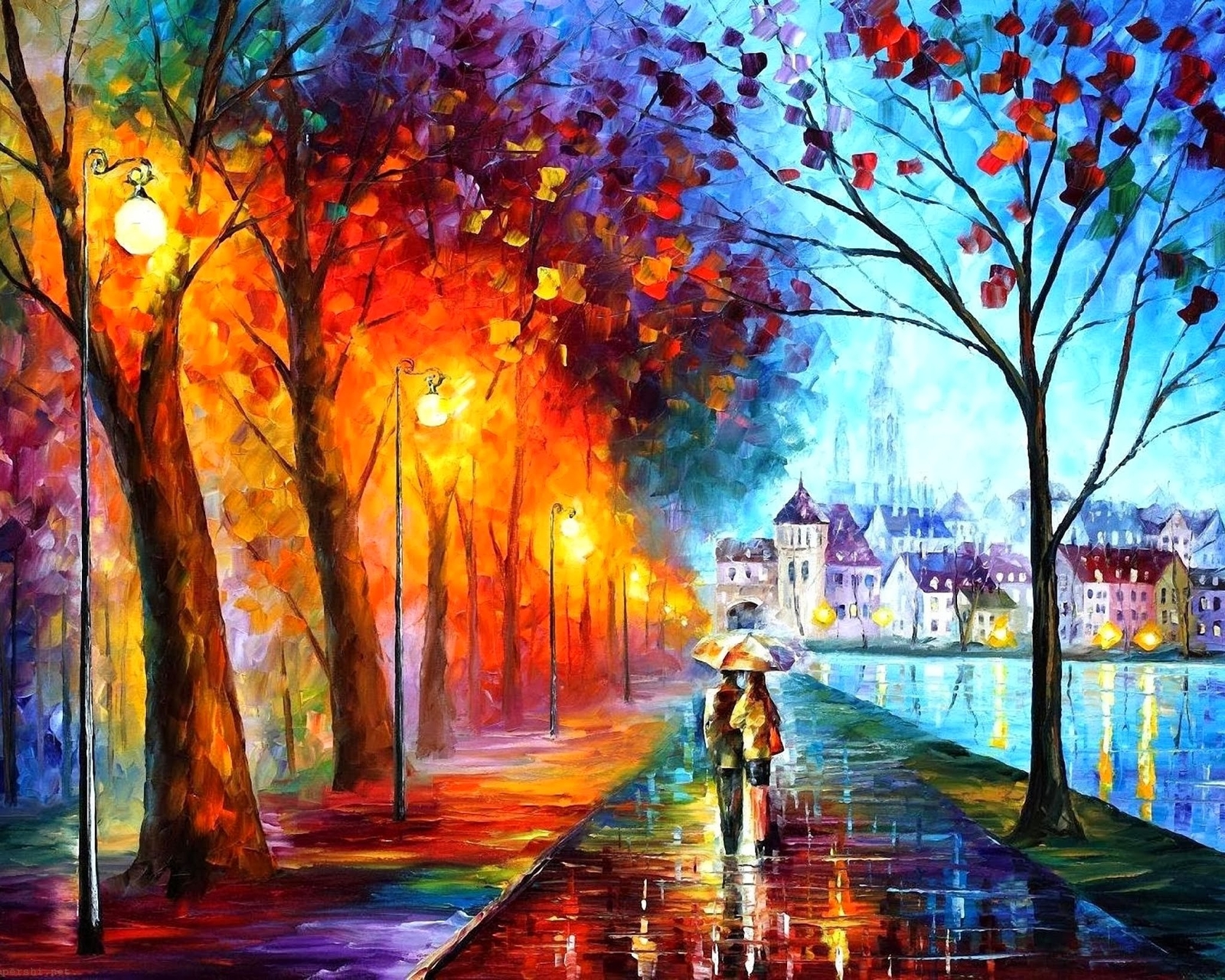 Landscape painting street light couple fall umbrella Custom Gaming Mat Desk