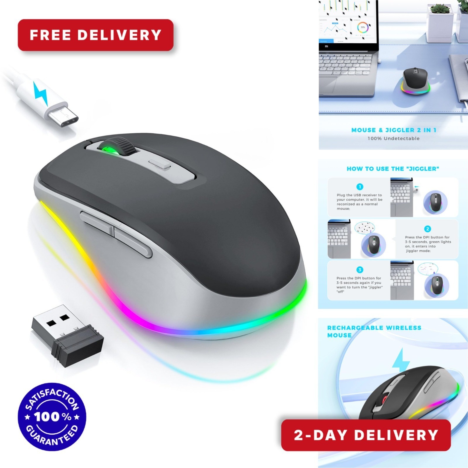 Wireless Mouse Jiggler - Rechargeable Optical Mouse with LED Lights