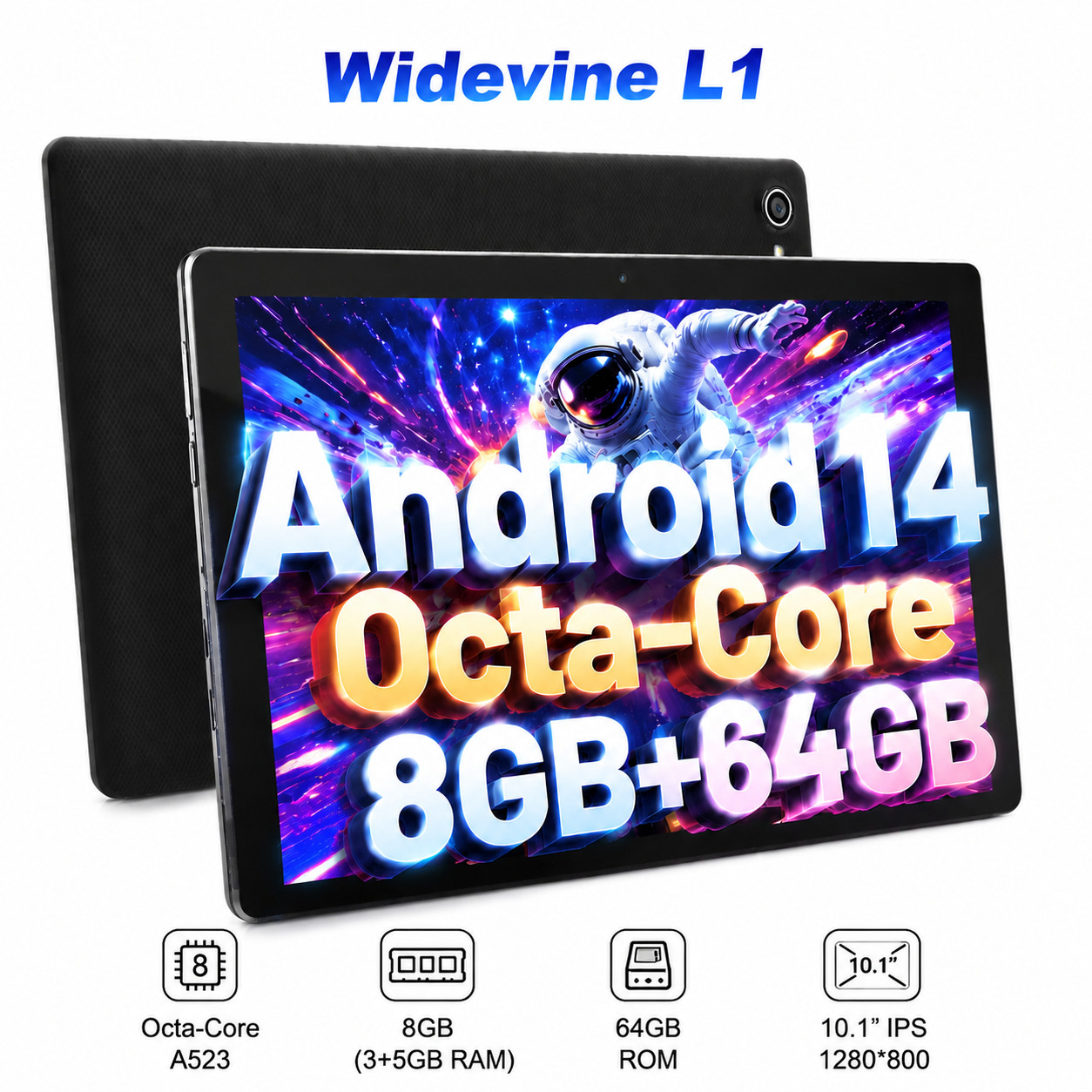 10.1” HD Tablet – Android 15, 8-Core A523, 20GB RAM 64GB ROM, WiFi 6, PC Mode