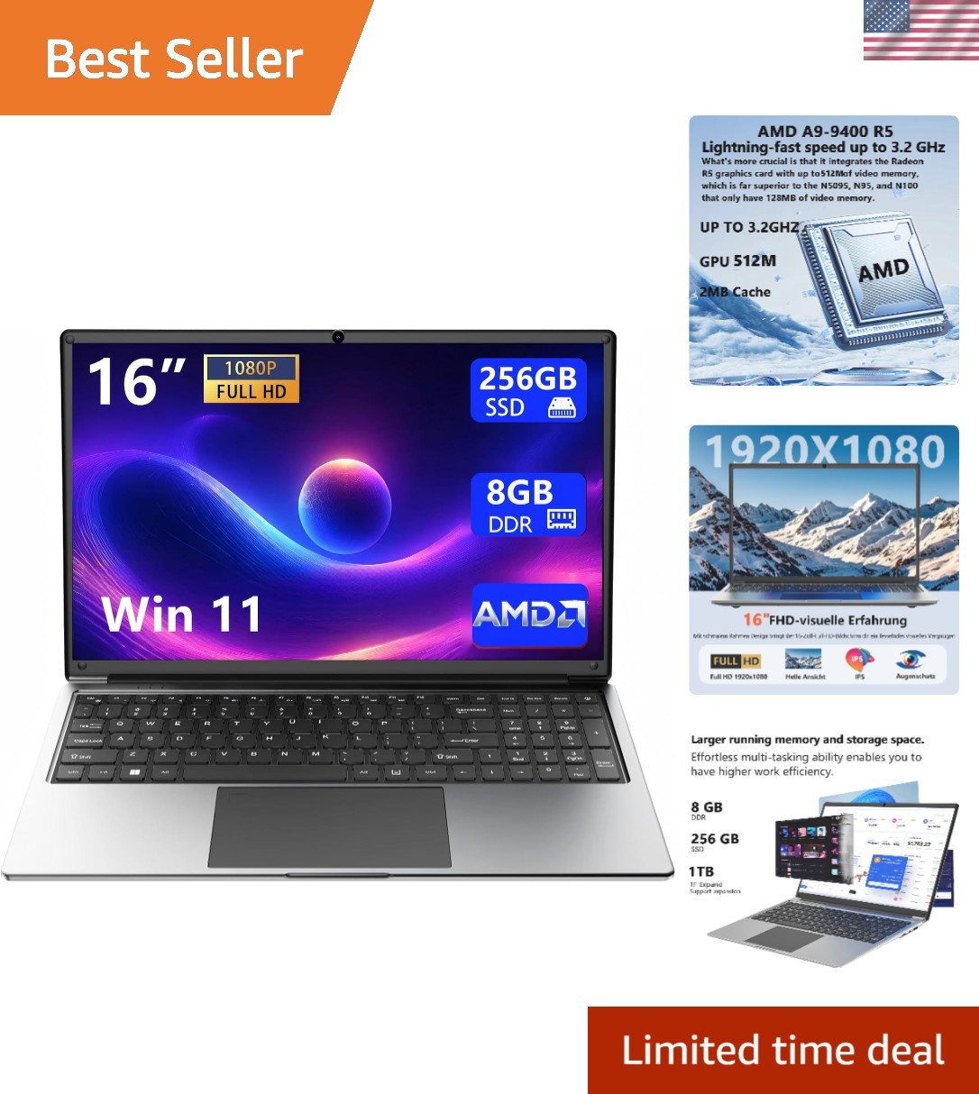 High-Performance 16-Inch Portable Laptop, 8GB RAM & Expandable 1TB Storage