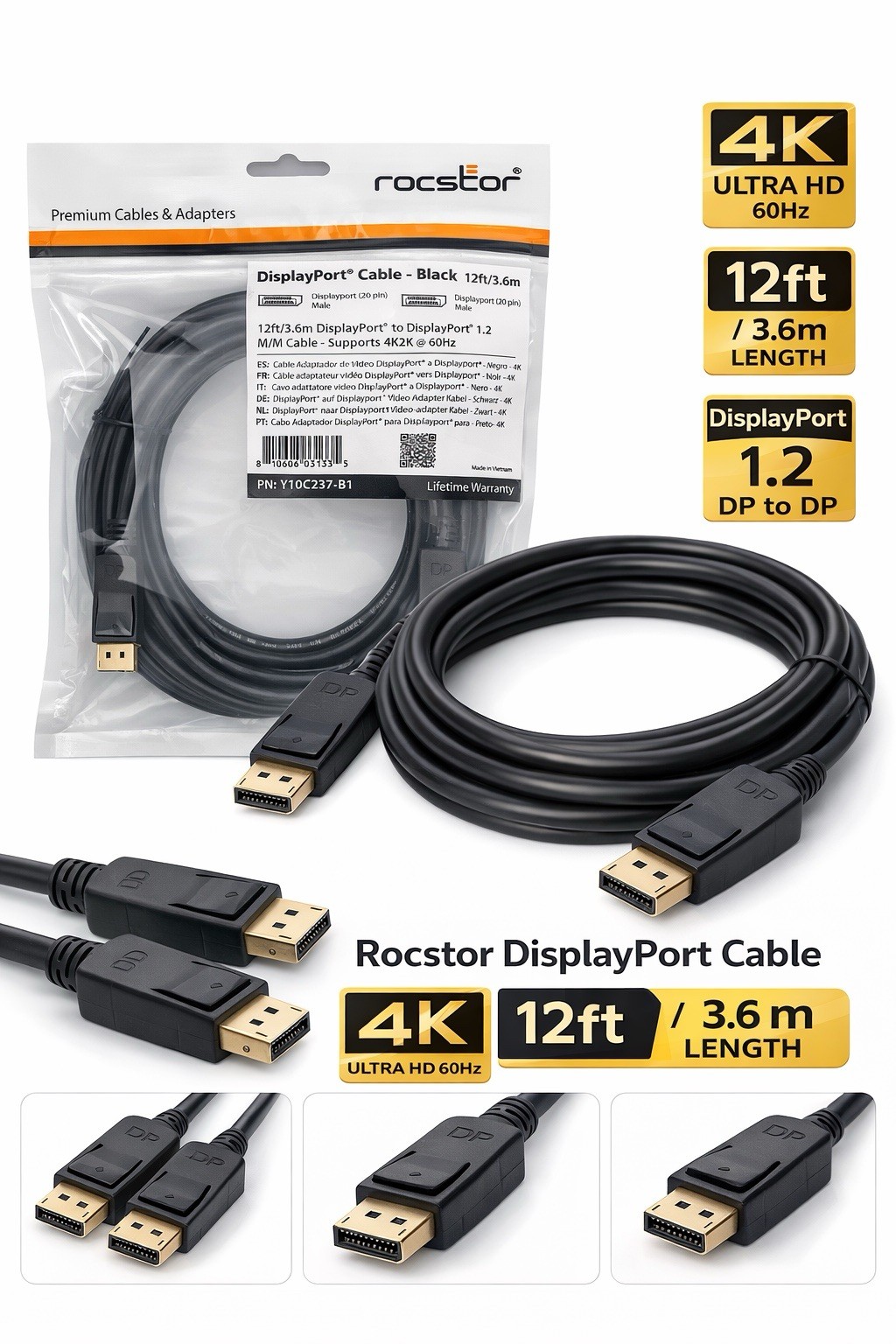 Rocstor DisplayPort Cable 4K Ultra HD 60Hz 12ft (3.6m) Black