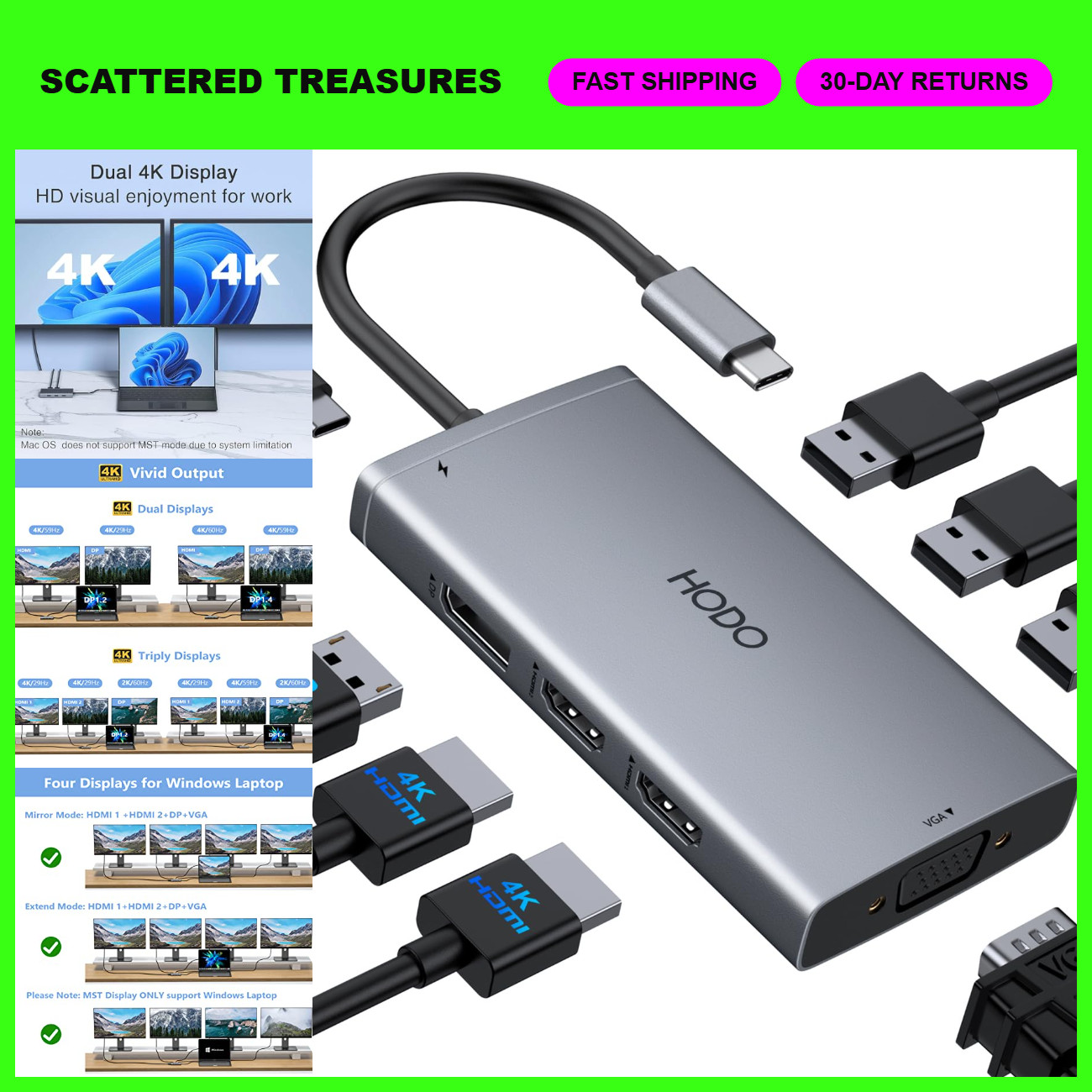 USB C Docking Station Dual Monitor Hub for Laptops - 3 Monitor Support, HDMI/Dis