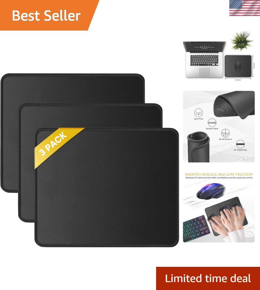 3 Pack Durable Mouse Pads 10.2x8.3in: Anti-fray Edges & Washable Design, Black