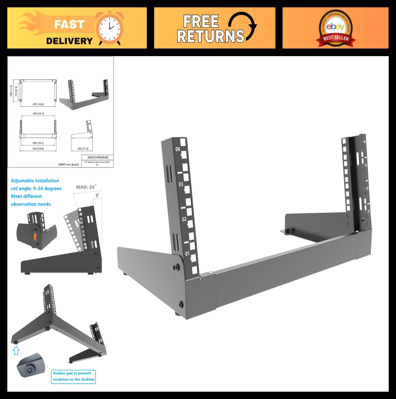 4U Desktop Network Rack 19" Open Frame Free-Standing Tabletop for Server, AV, IT
