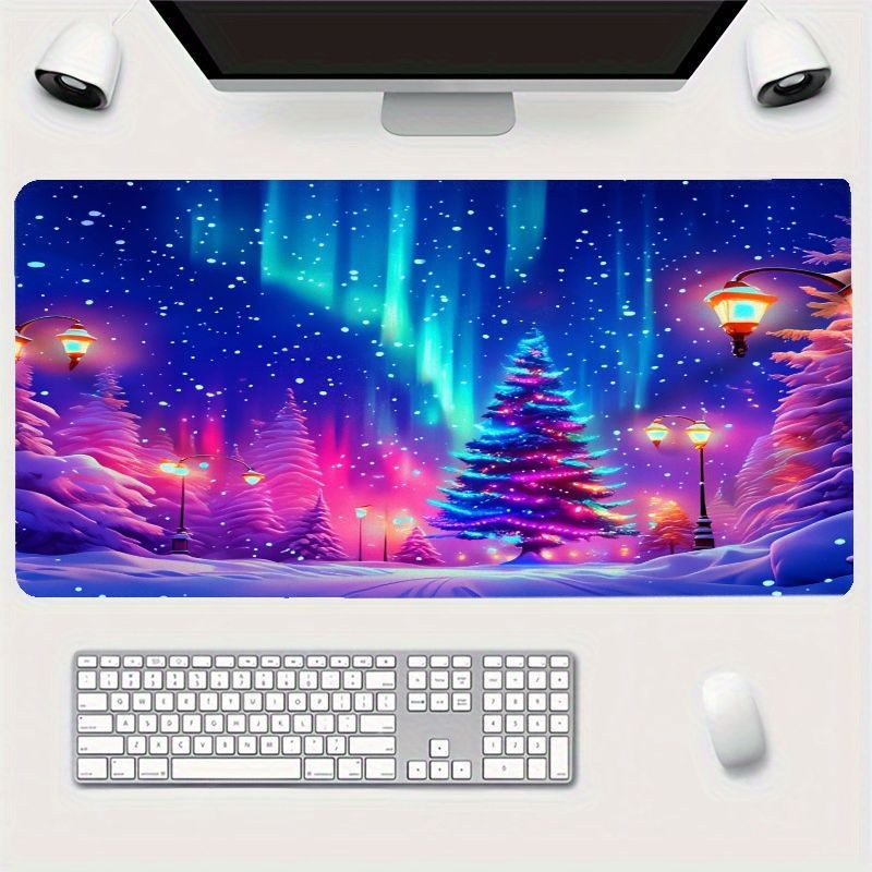 Luxurious Winter Scene Large Mouse Pad | Aurora and Christmas Tree Design, Per