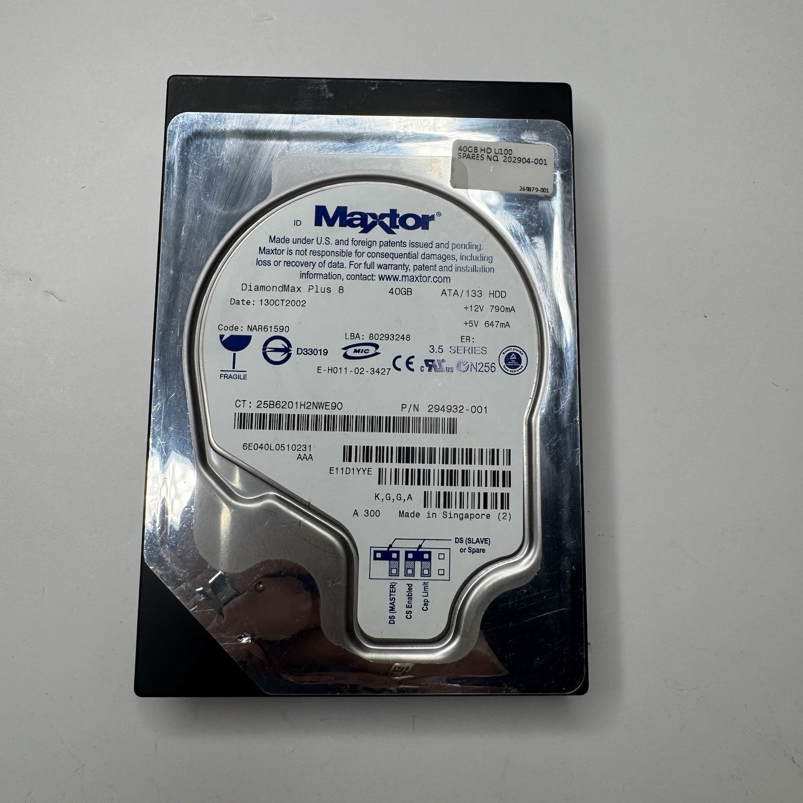 Maxtor DiamondMax Plus 8 40GB 3.5” IDE ATA/133 HDD 2002 P/N 294932-001 