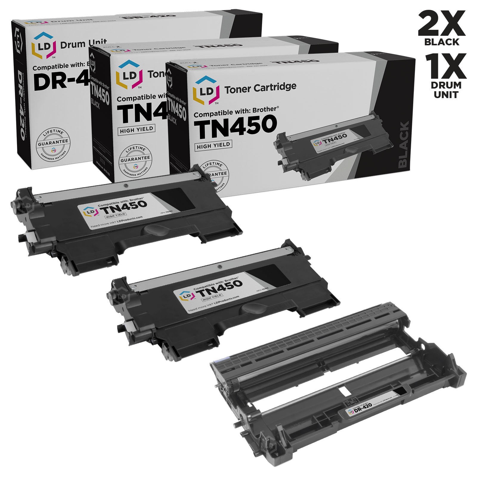 LD Compatible Brother Set of 3 Pack: 2 Black TN450 Cartridges / 1 DR420 Drum