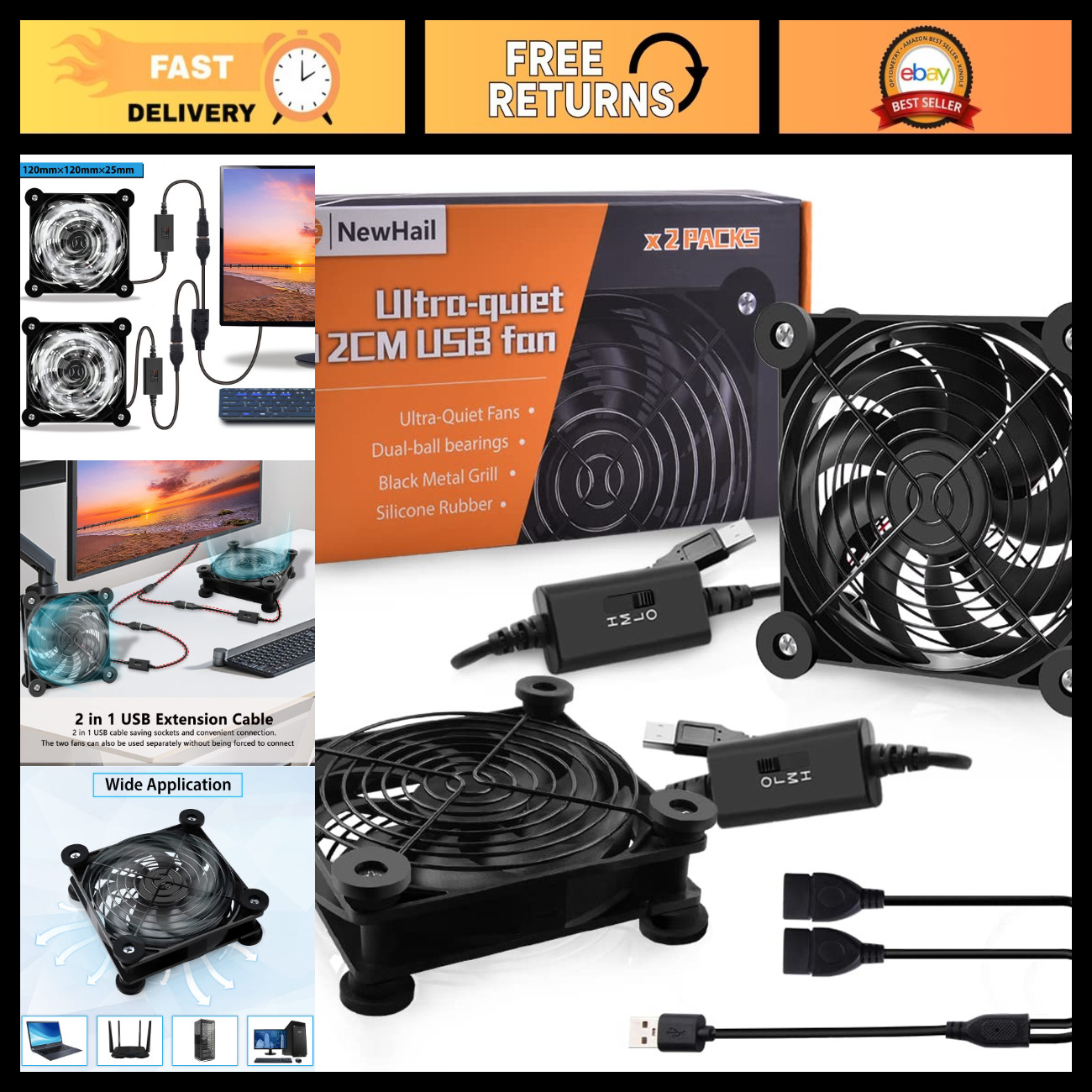 2Pack 120mm USB Cooling Fan - High Airflow, 3-Speed Controller, Quiet Dual-Ball