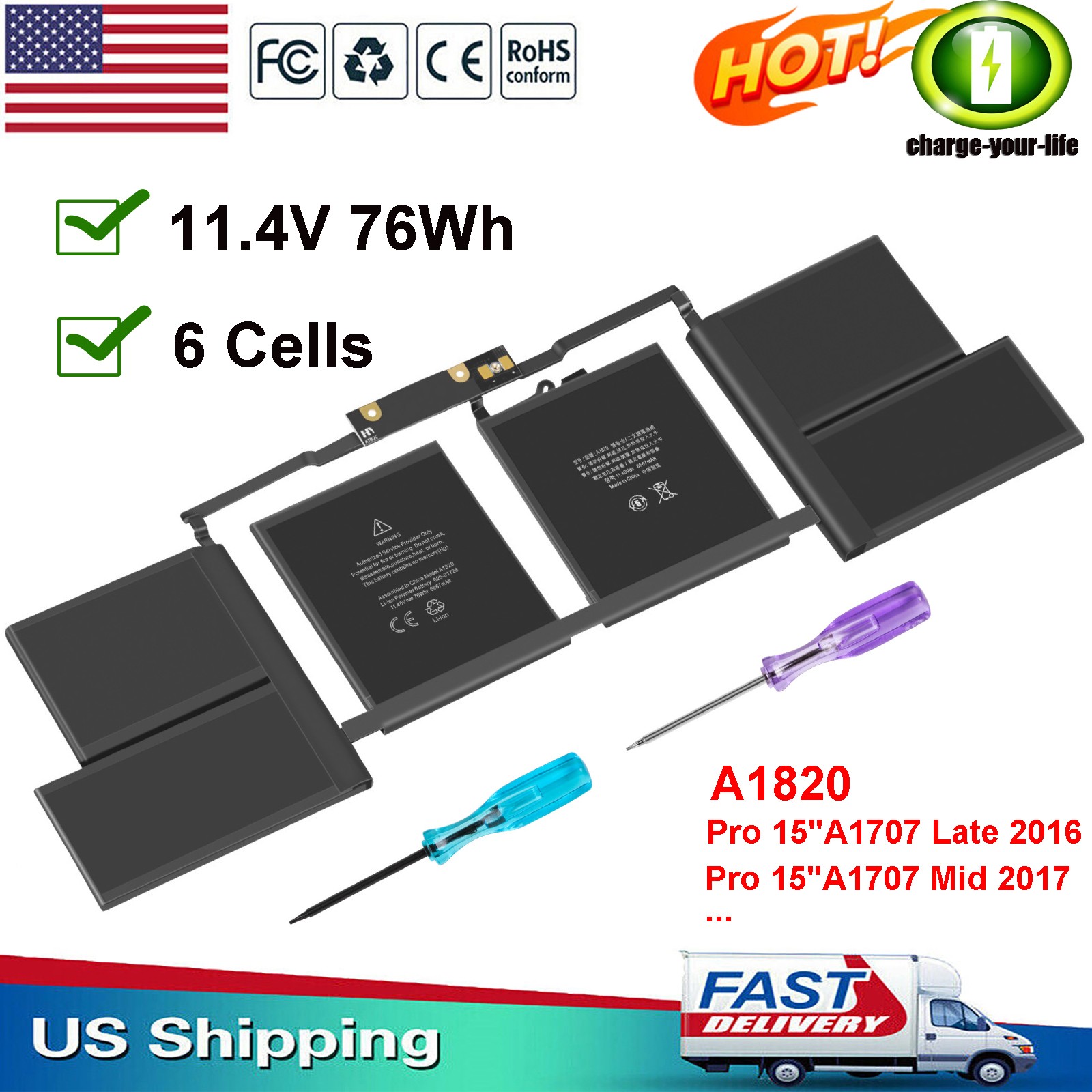 LOT A1820 A1707 Battery for MacBook Pro 15 inch Late 2016 Mid 2017 EMC 3162 3072